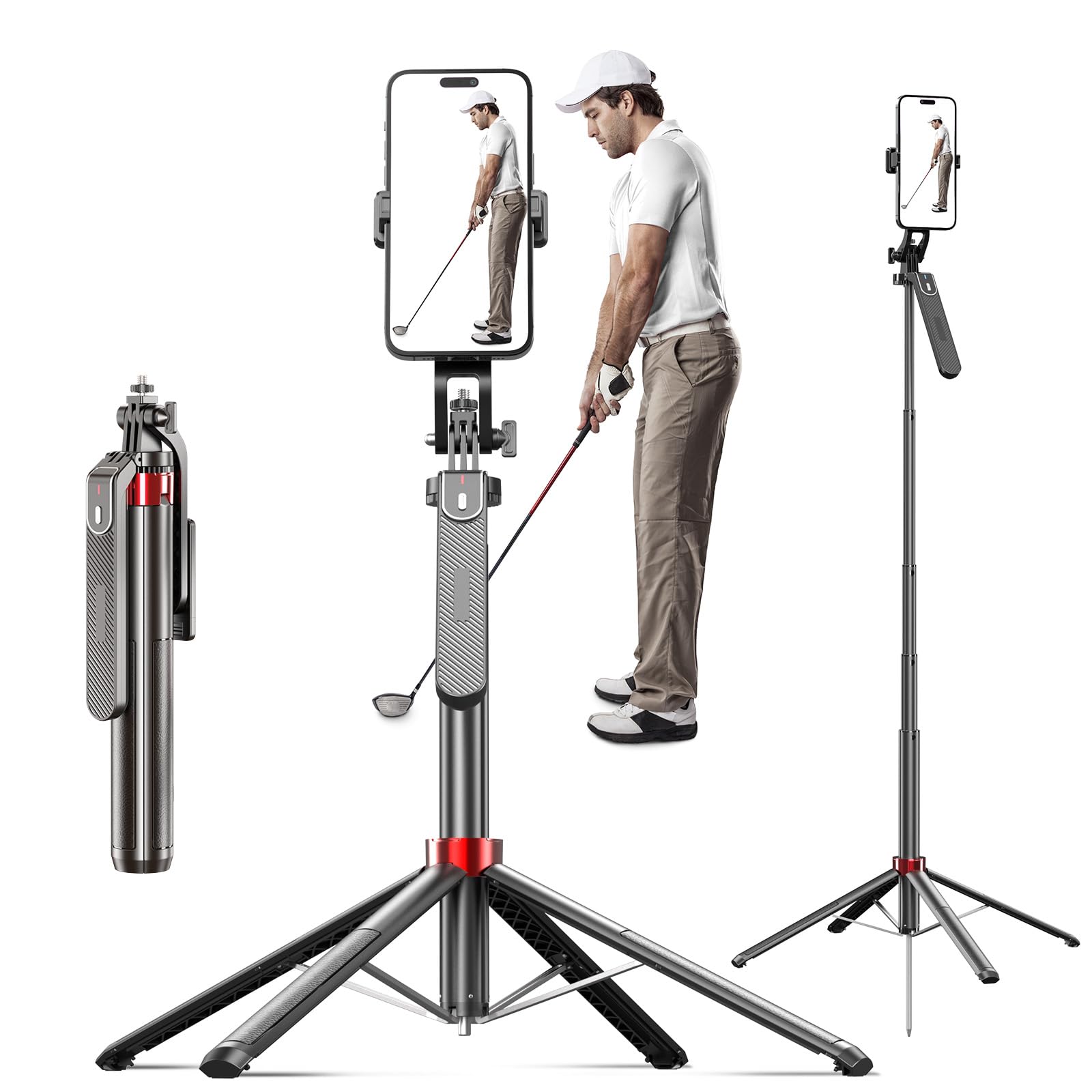 Fuiczsn 70" Phone Tripod & Selfie Stick For Golf Swing, Extendable Cell Phone Tripod Stand With Ground Stakes, Wireless Remote And Phone Holder, Golf Training Aid -Compatible With Iphone Android Phone, Camera