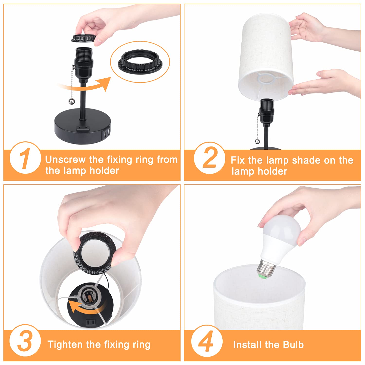 Kollniun Lamps For Bedrooms Nightstand Bedside Lamp With 2 Usb Port And Outlet, 3-Way Dimmable Table Lamps, Color Changing Night Stand Light Lamp Rgb Led Bulb