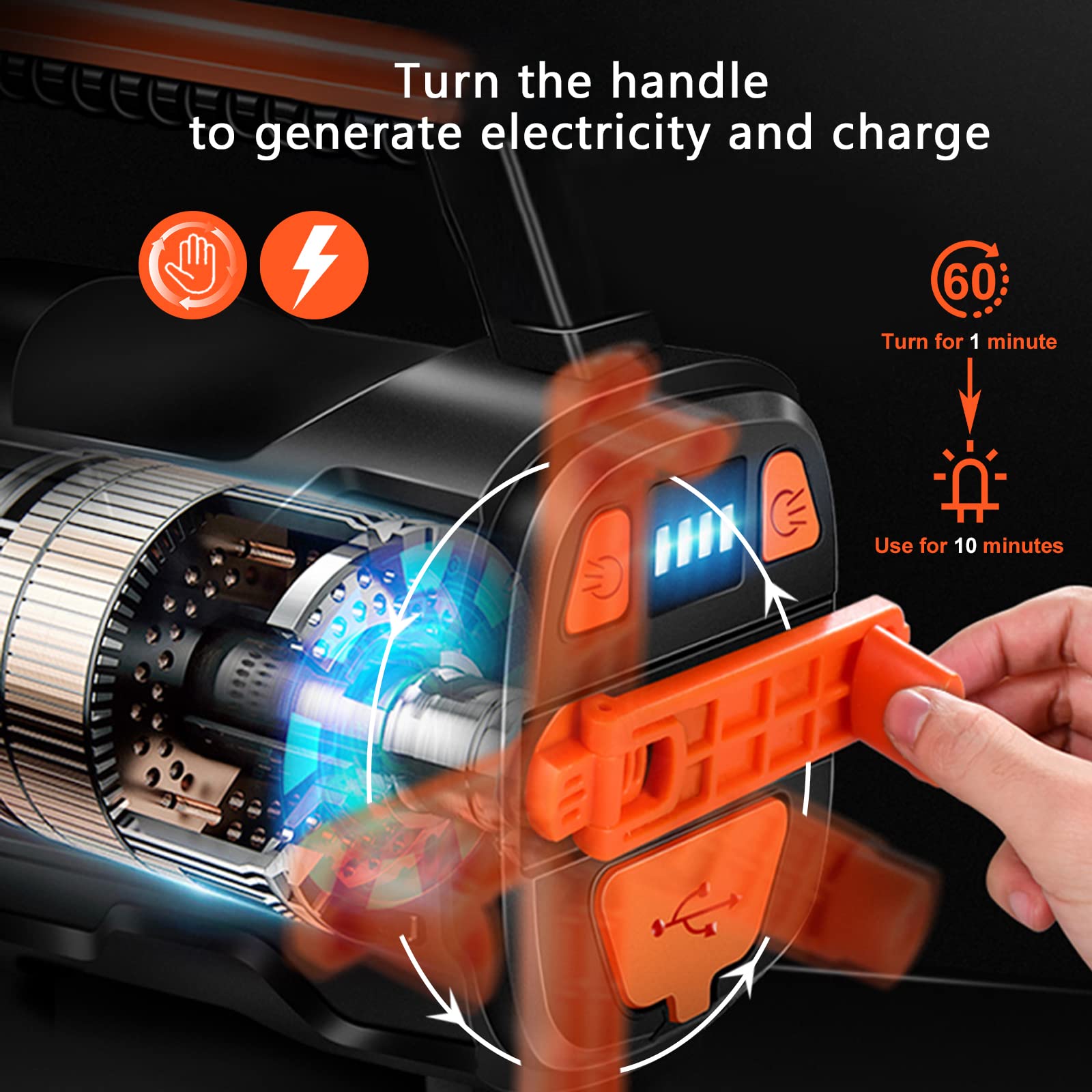 Inshareplus Handheld Spotlight Searchlight, Rechargeable 35W High Lumen Waterproof Ultra Bright Led Hand Crank Flashlight, Portable Usb Power Bank With Long-Lasting Battery For Camping, Outdoor, Emergency