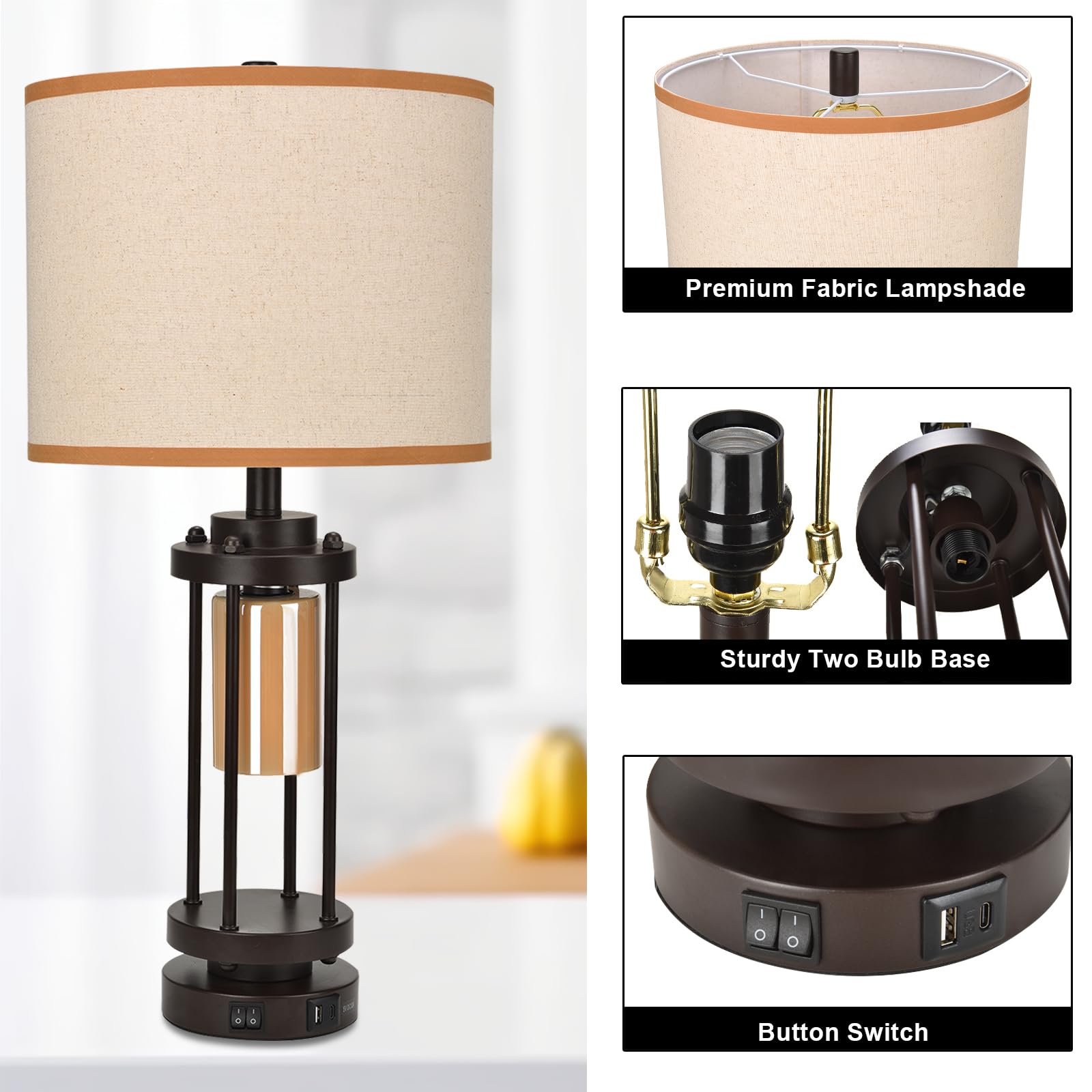 Rislg Table Lamps For Living Room, 27'' Tall Lamps Set Of 2 With Usb C+A Charge Ports, Retro Farmhouse Table Lamp For Night Stands, Rustic Bedsides Lamp With 2 Light, Industrial Nightstand Lamps For Bedroom