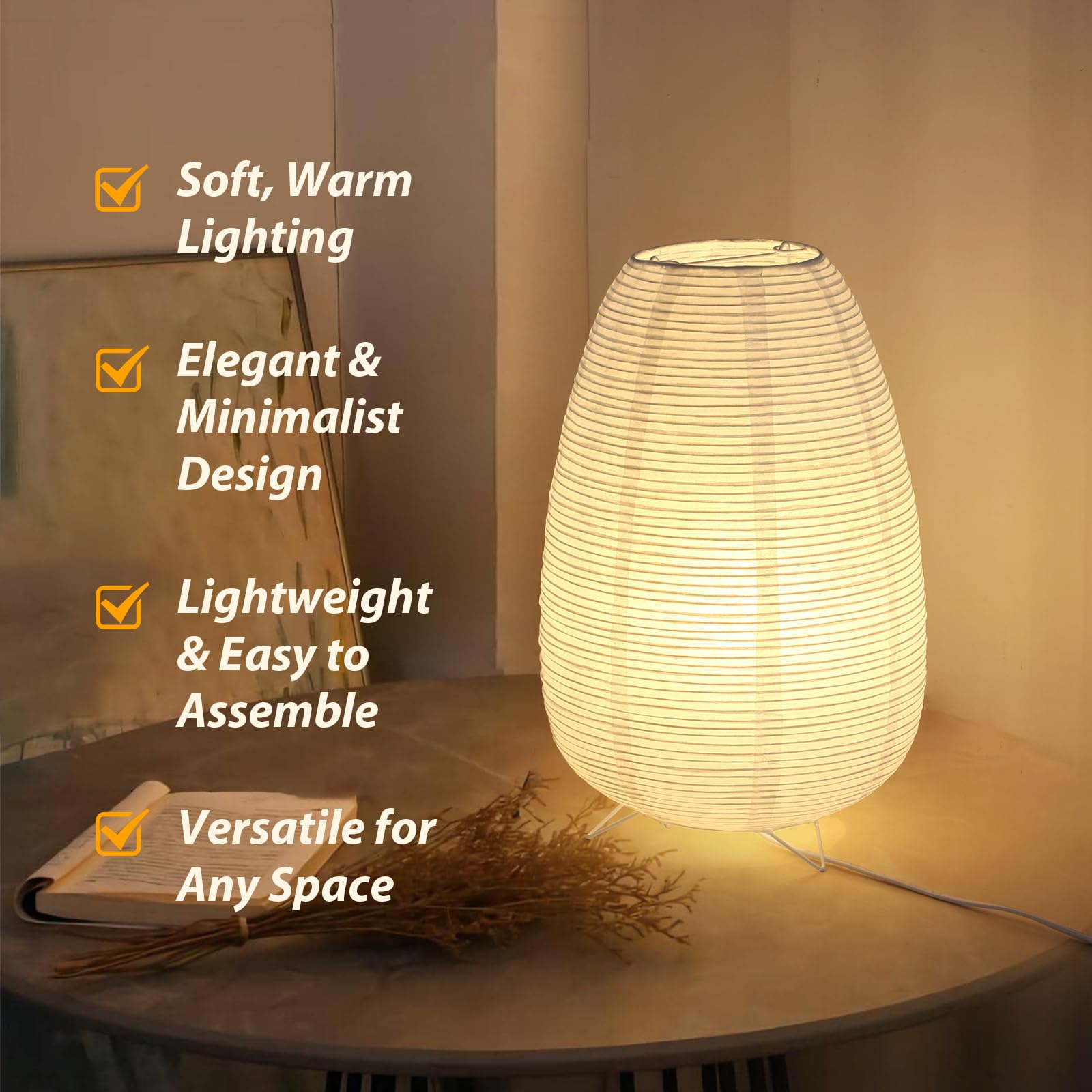Anicompa Rice Paper Lamp For Desk, Japanese Paper Table Lamp With 3 Color, Wabi-Sabi Style Bedside Lantern Lamps For Living Room/Bedroom/Bedside Night Light(Bulb Included)