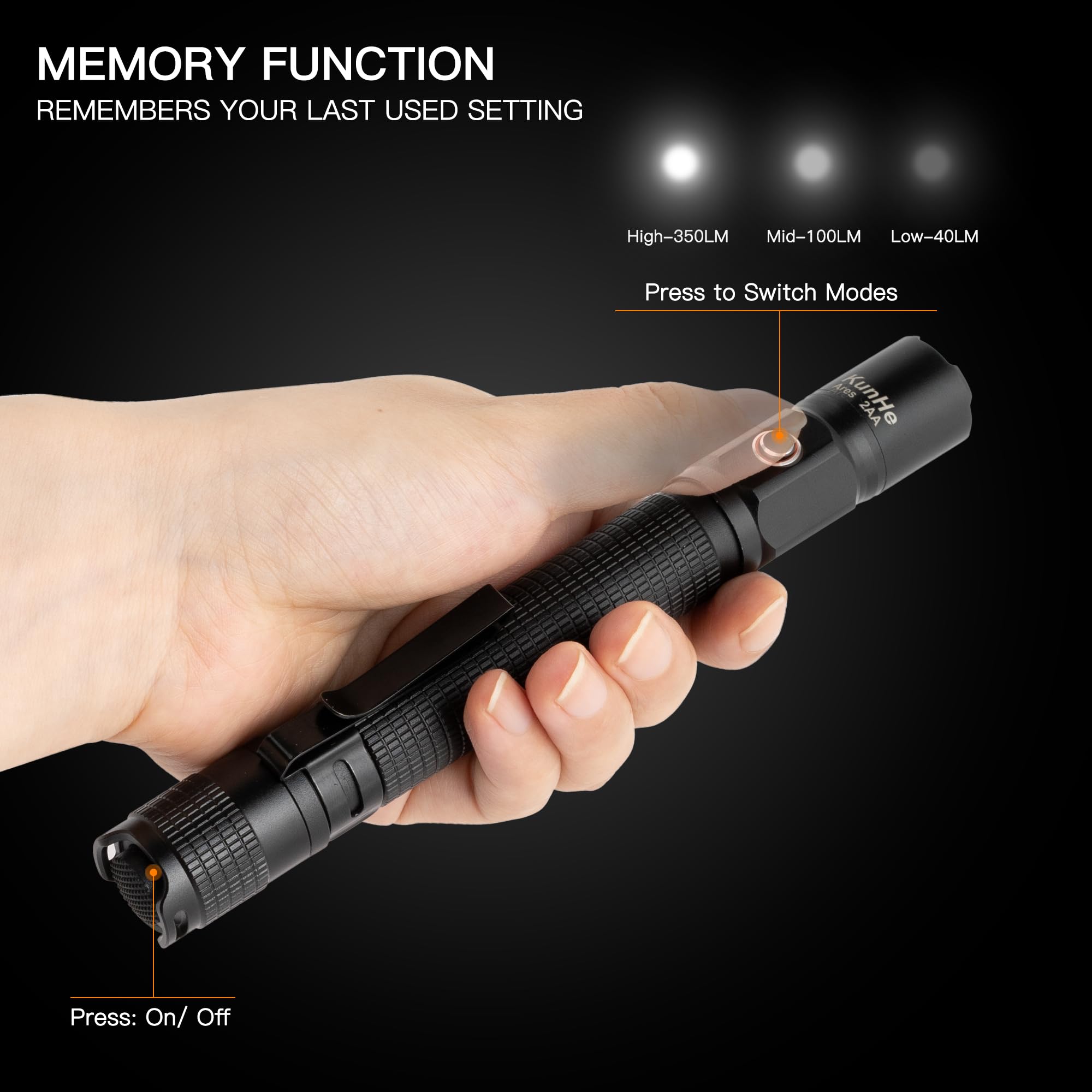 Kunhe Ares 2 Pack  350 Lumens Pen Flashlight Powered By 2 Aa Batteries 3 Modes With Memory Functon Waterproof Super Bright Small Flash Light For Inspection Work Repair