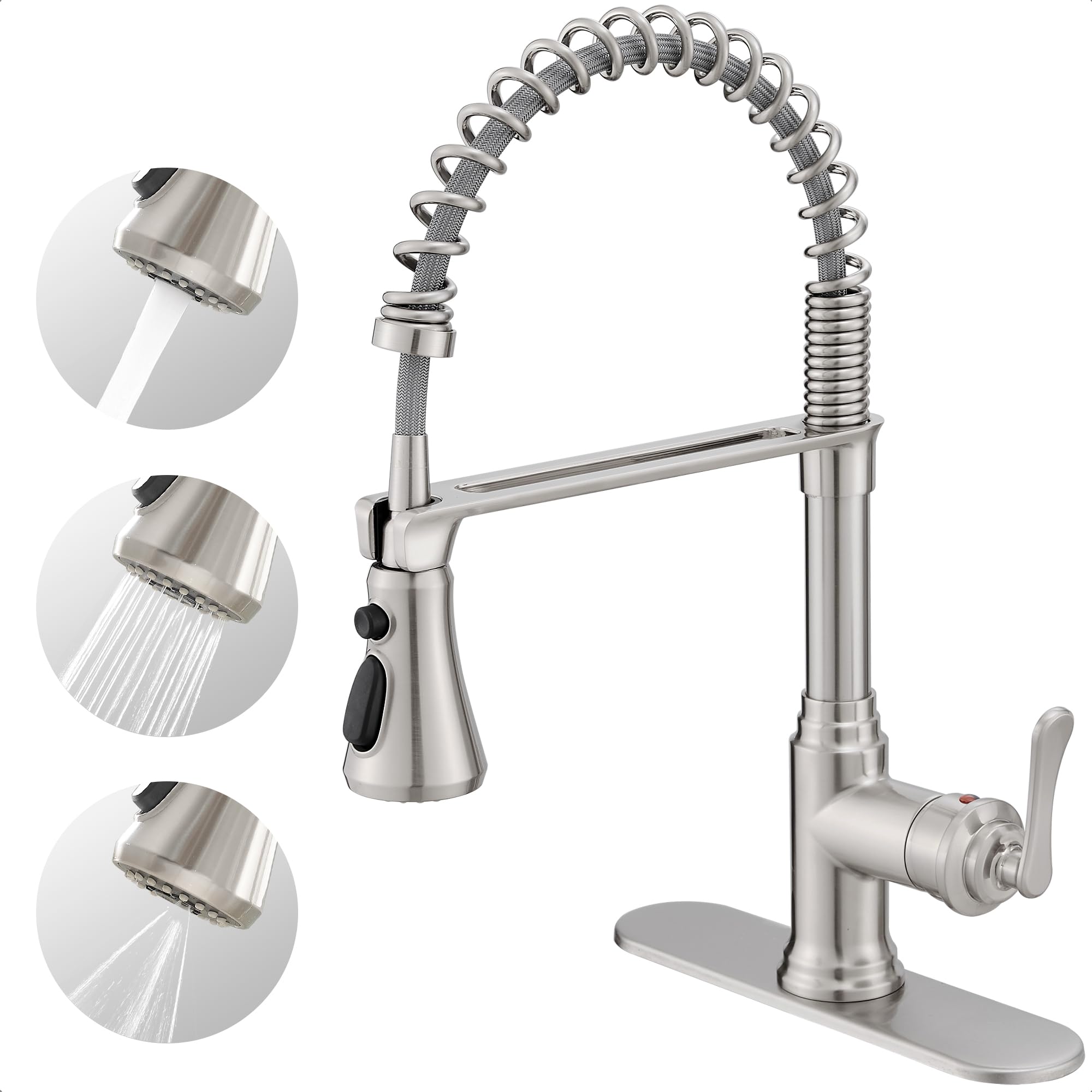Hoigy Pull Down Kitchen Faucet Brushed Nickel, 3-Function Kitchen Sink Faucet With Sprayer, 1 Hole Or 3 Hole Kitchen Faucets Stainless Steel Single Handle 360 Degree Swivel With Deck Plate Commercial