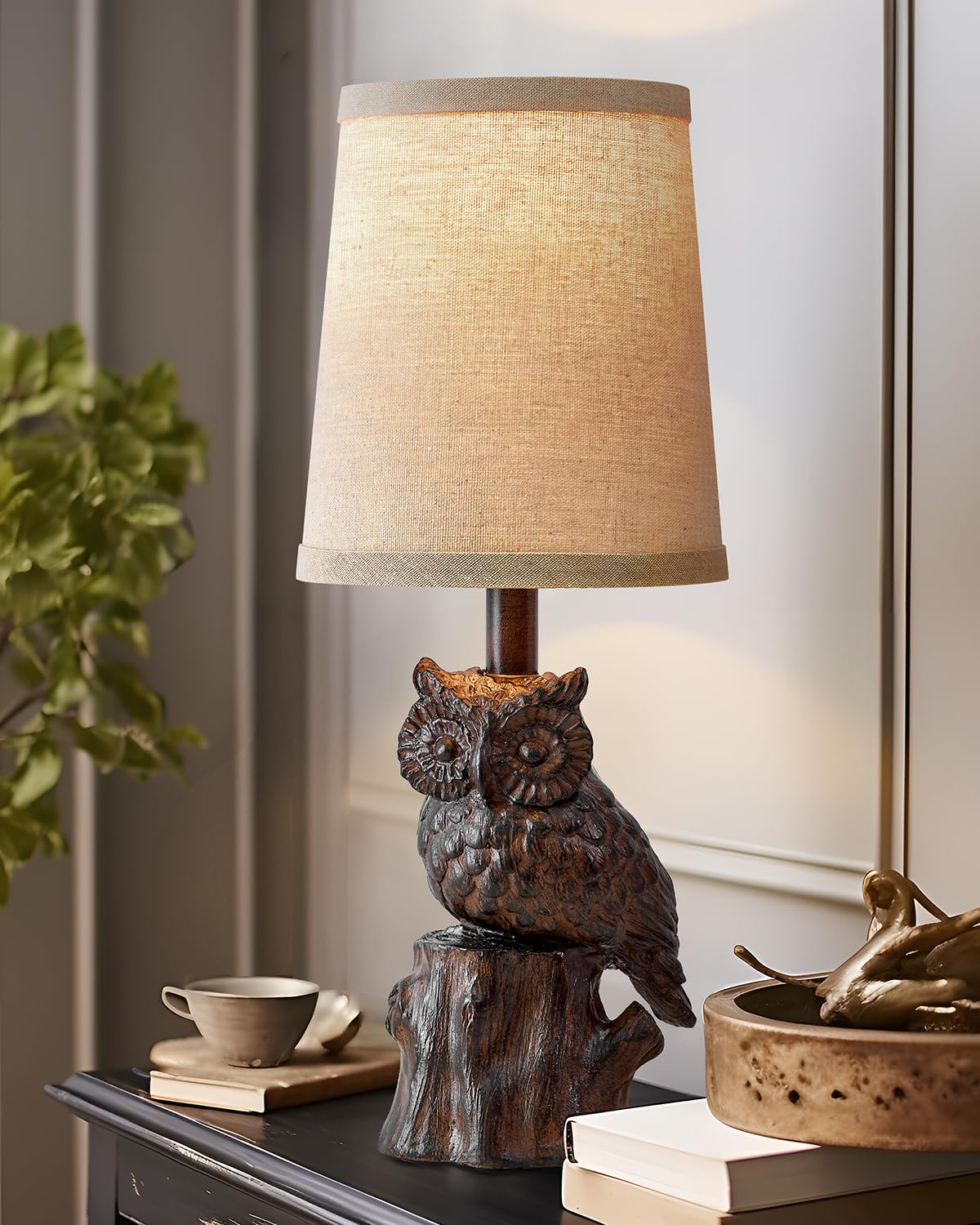 G-Safava 14.25" Small Table Lamp For Living Room Farmhouse Bedside Resin Single Lamp With Brown Owl Lamp Shape For Bedroom Retro Rustic Nightstand Lamp