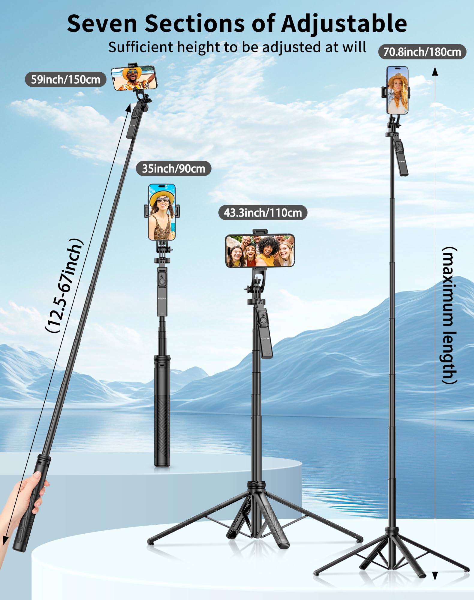 Stlian Selfie Stick Tripod Phone:70.8" Adjustable Stand For Iphone 15/Samsung S23/Gopro, Portable Tripod For Camera & Phone, Vlogging, Youtube Live Streaming, Travel Photography