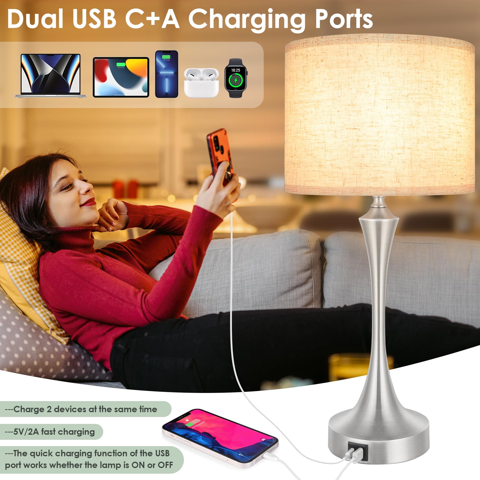 Ggoying 22” Touch Control Table Lamp Set Of 2, 3 Way Dimmable Nightstand Lamp With Usb A+C Ports, 3000K Led Bulbs, Fabric Lampshade Brush Nickel Bedside Lamp For Bedroom, Silver