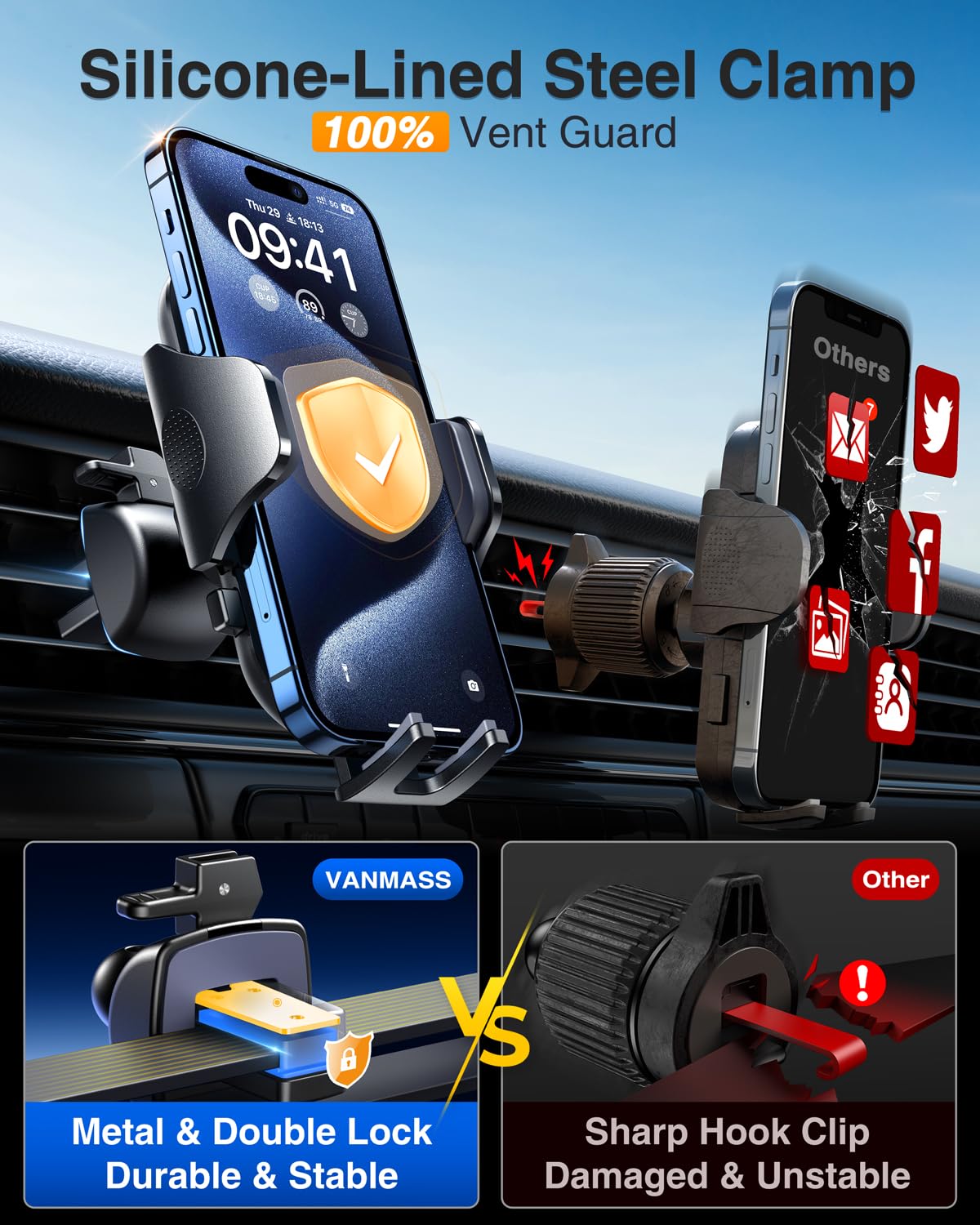 Vanmass Car Phone Holder  Military-Grade Phone Holder For Your Car Windshield Dashboard【 65 Lbs Strongest Suction】【Patent & Safety Certs】 Universal Cell Phone Car Mount For Iphone Samsung Android