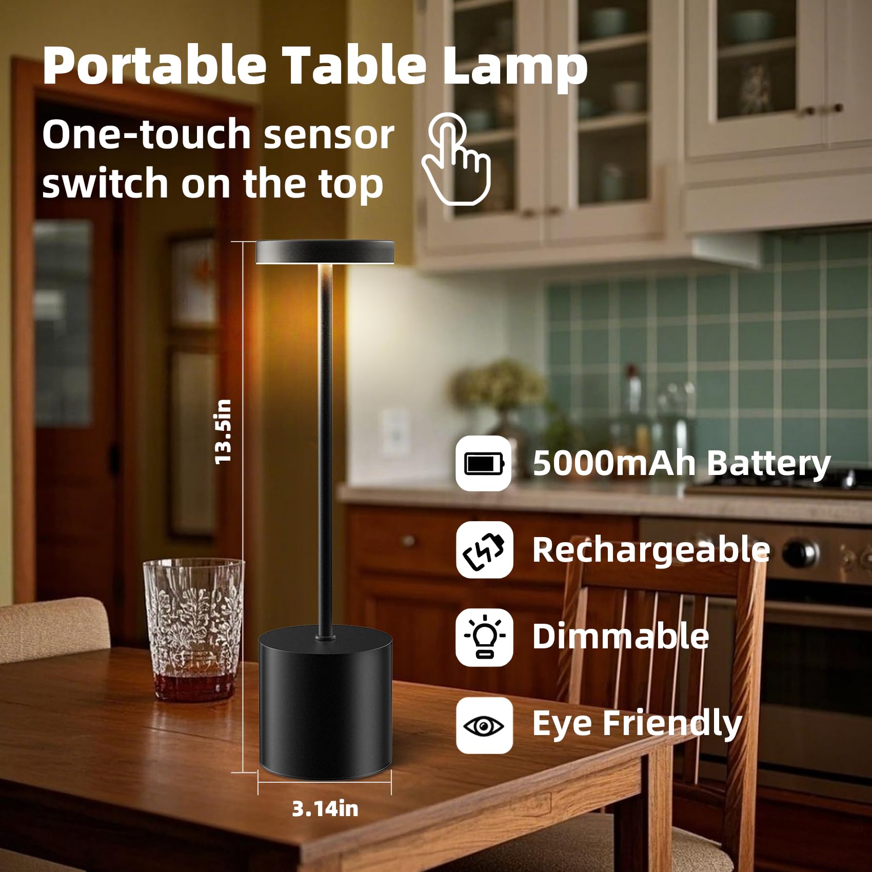 Liaycco Led Cordless Table Lamp - 5000Mah Rechargeable Dimmable Desk Light With 3 Modes, Outdoor Battery Operated Table Light (Black 1Pk)