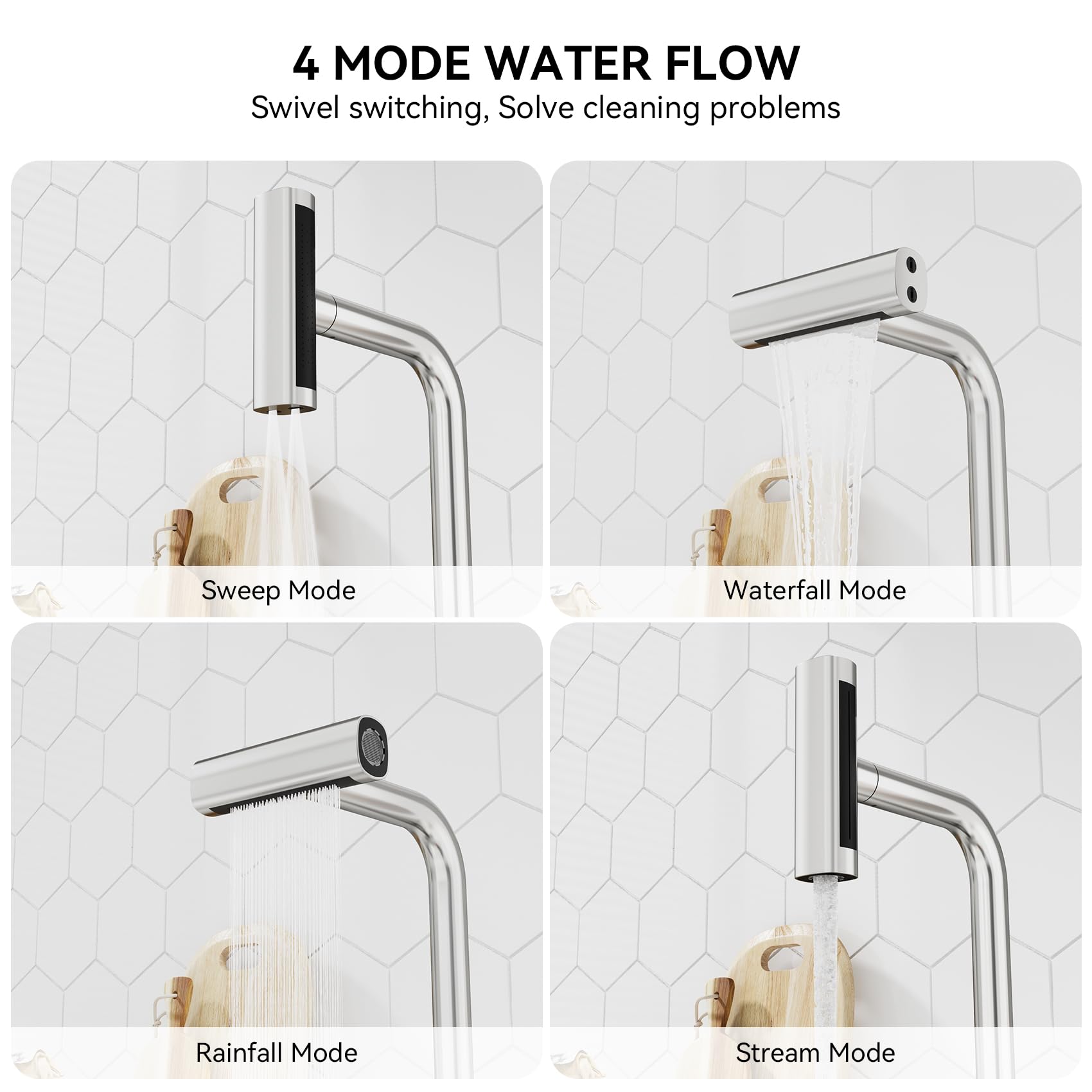 Arrisea Kitchen Faucet With Pull Down Sprayer, Brushed Nickel Pull Down Kitchen Faucets, Waterfall Faucet For Kitchens Sink, 4 Function Kitchen Sink Faucet