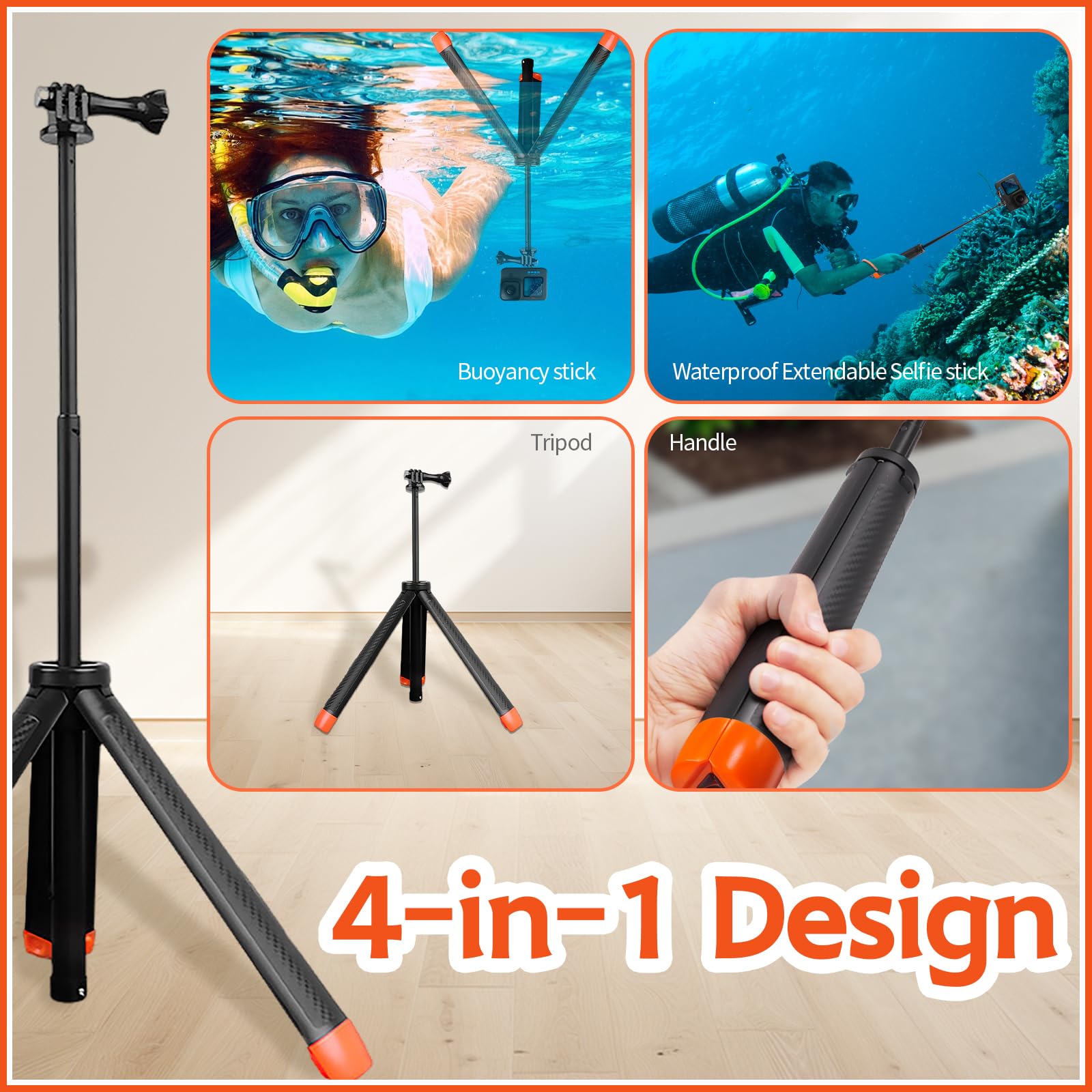 Elasignshopo 4 In 1 Floating Selfie Stick For Gopro Hero 13, 12, 11, 10, 9, 8, 7, 6, 5, 4, 3, 3+、Dji Osmo、Insta360, Floating Hand Grip Tripod Stand Waterproof Extendable Monopod