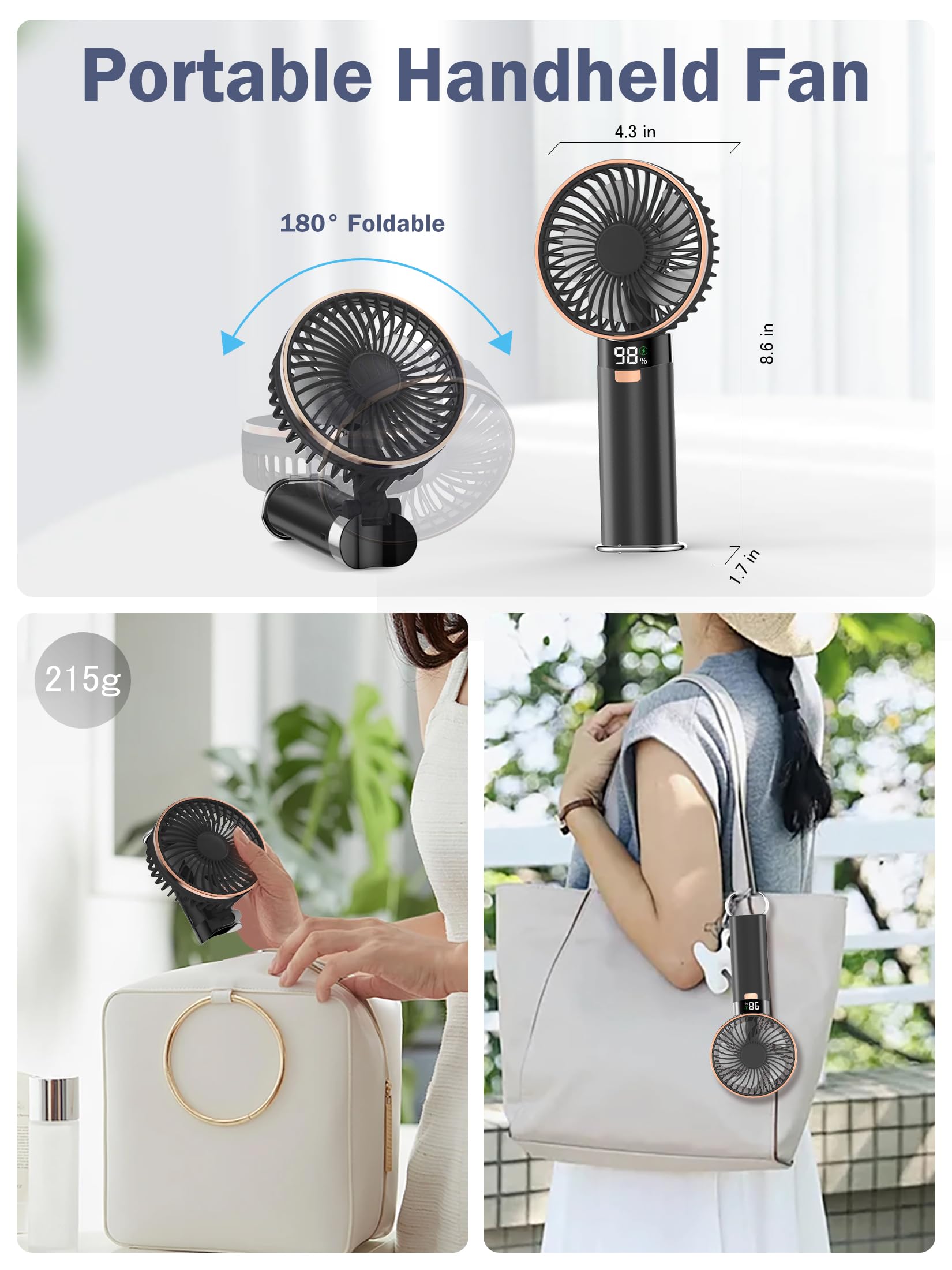 Portable Handheld Fan, 4 In 1 5200Mah Usb Rechargeable Foldable Personal Hand Held Fan With Metal