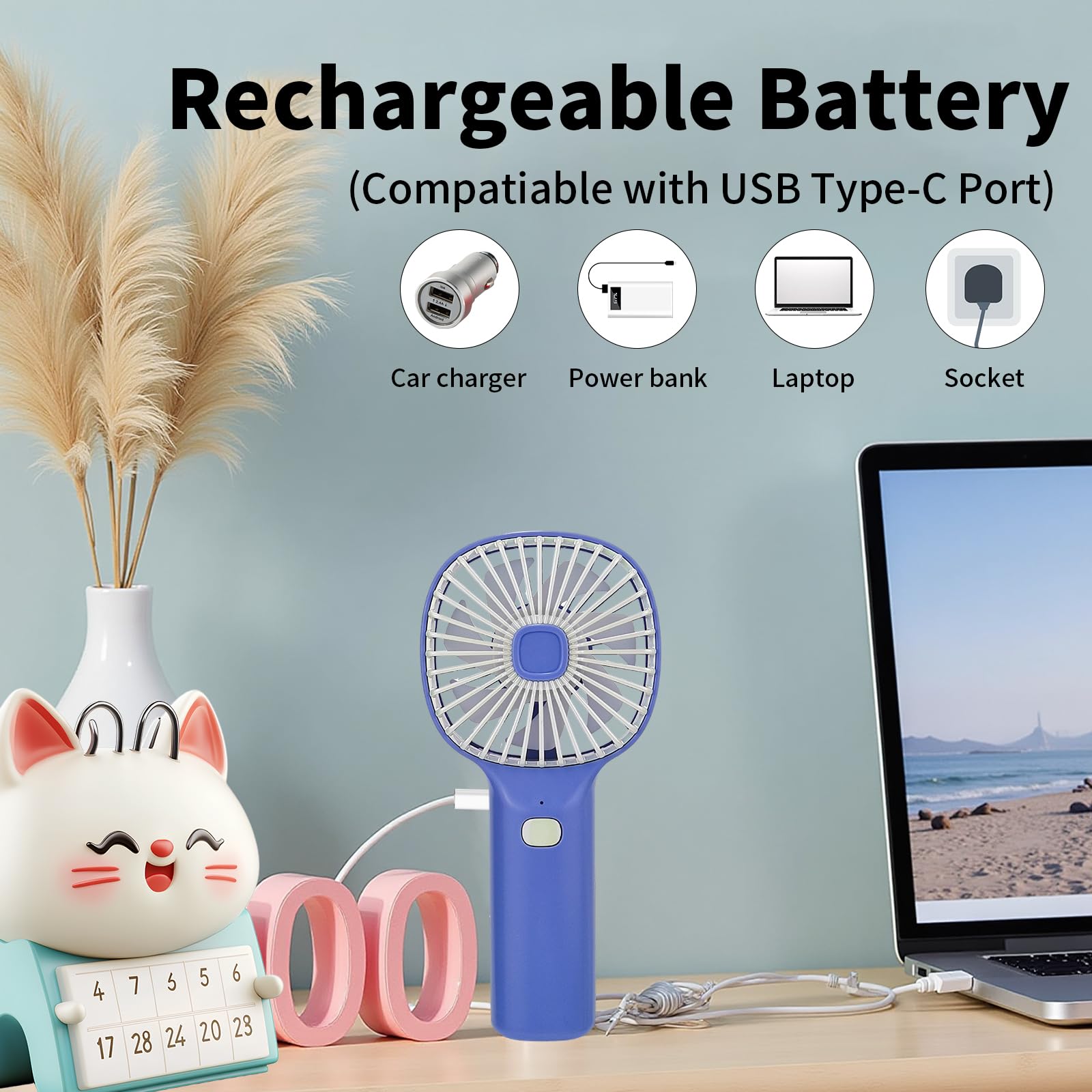 Portable Handheld Fan, Mini Usb Rechargeable Personal Fan With 3 Speeds, Cute Design Makeup Eyelash