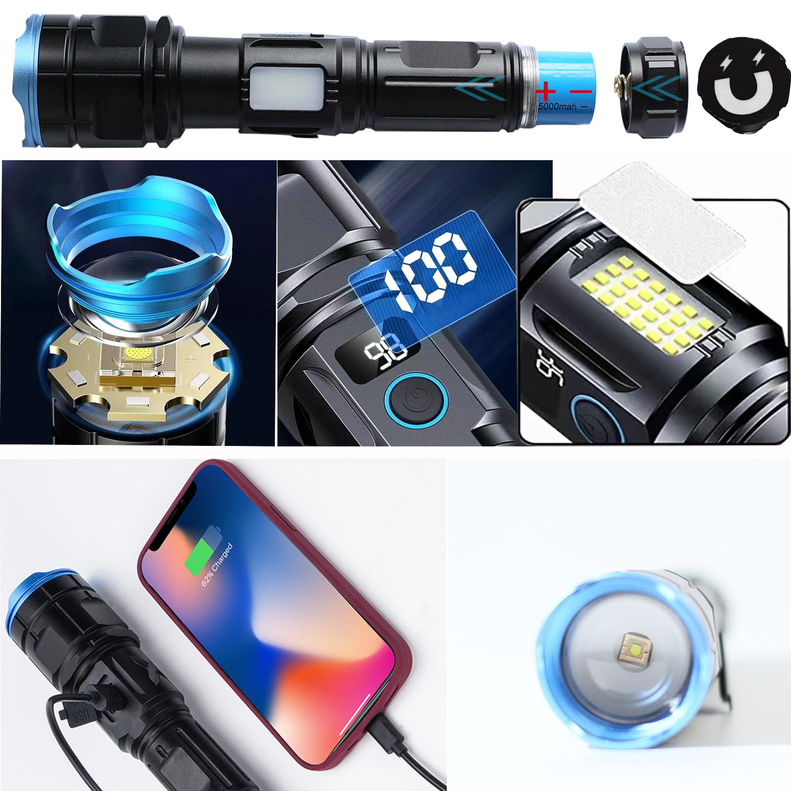 Giigoemy Rechargeable Super Bright Led Tactical Flashlights With White + Red Side Light Flash Light, Tail Cap With Magnet, High Power,Usb Rechargeable Flashlight,Emergency Lights For Home