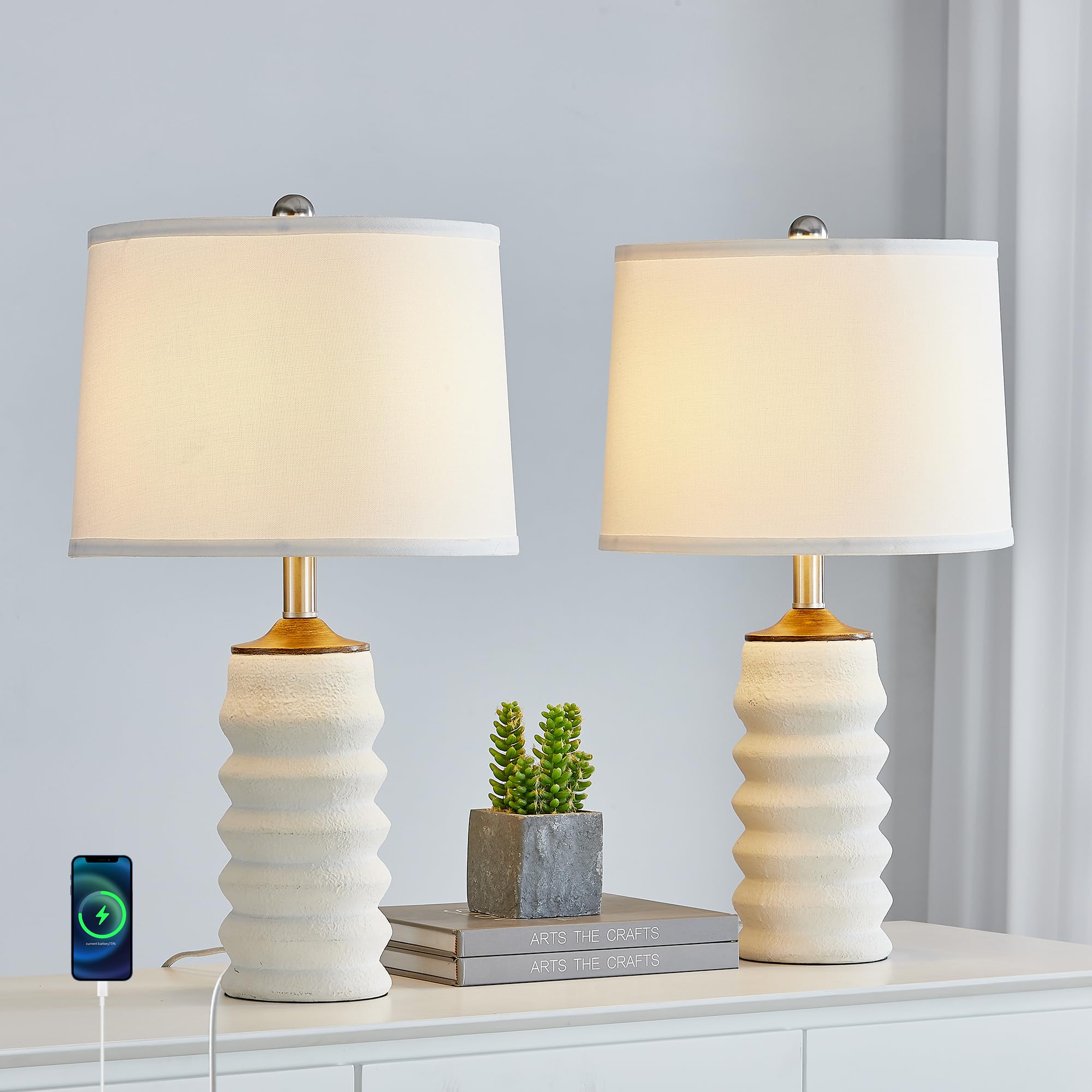Hightry Set Of 2 White Table Lamps For Living Room, 23" Farmhouse Resin Bedside Lamps With Usb Port, 3 Way Dimmable Bedroom Table Lamps With White Shade For Living Room, Office