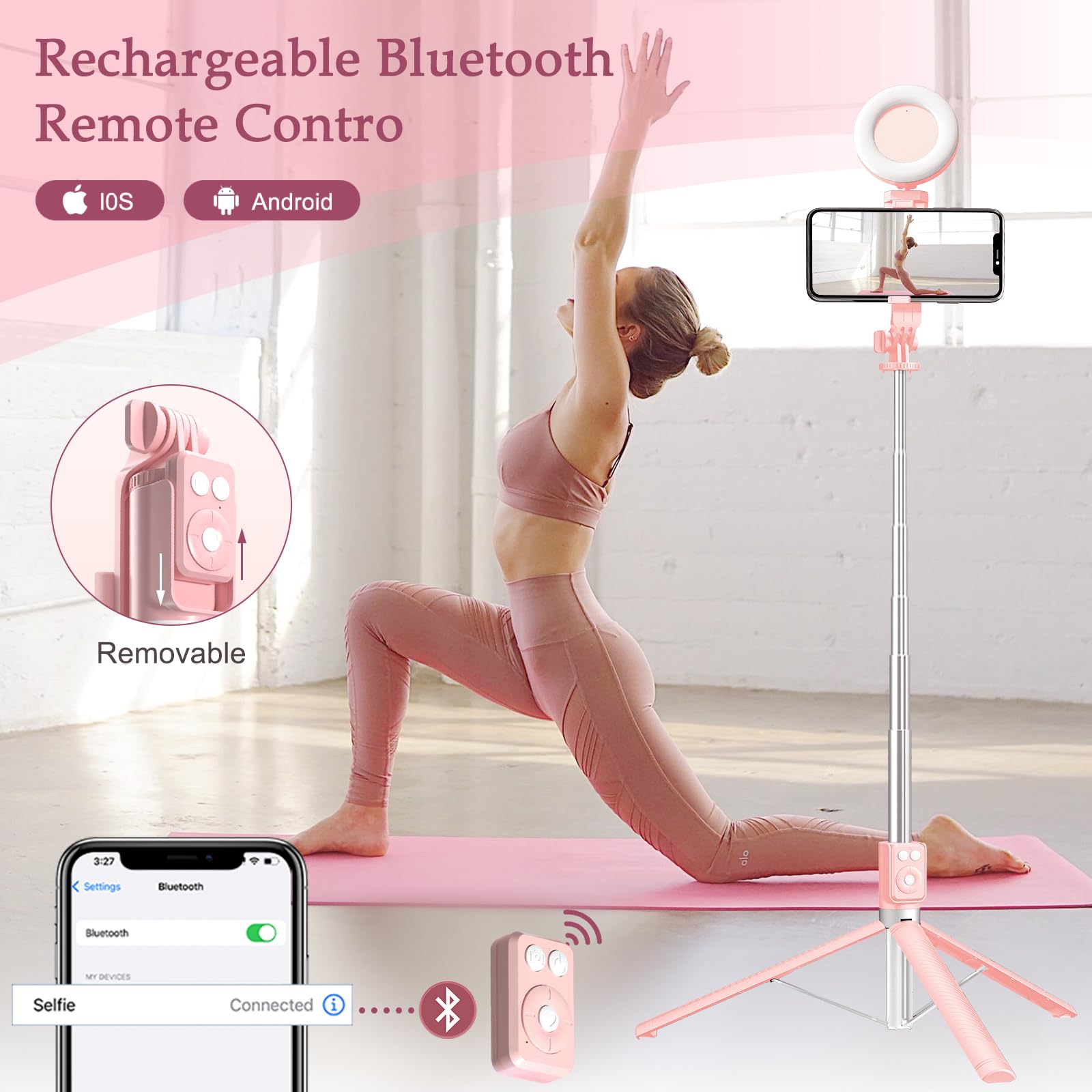 Mouzakon Selfie Stick Tripod With Fill Light, Phone Selfie Stick,Durable Stainless Steel Design,Bluetooth Remote Control,And Stable Three-Legged Support For Live Broadcasts,Video Shooting (Pink)