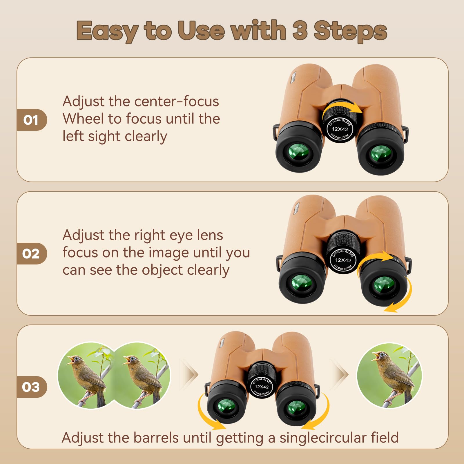 Koddon 12X42 Binoculars For Adults - High Powered With Low Light Vision For Bird Watching, Cruise Ship, Hunting, Outdoor Travel And Sports - Easy Focus
