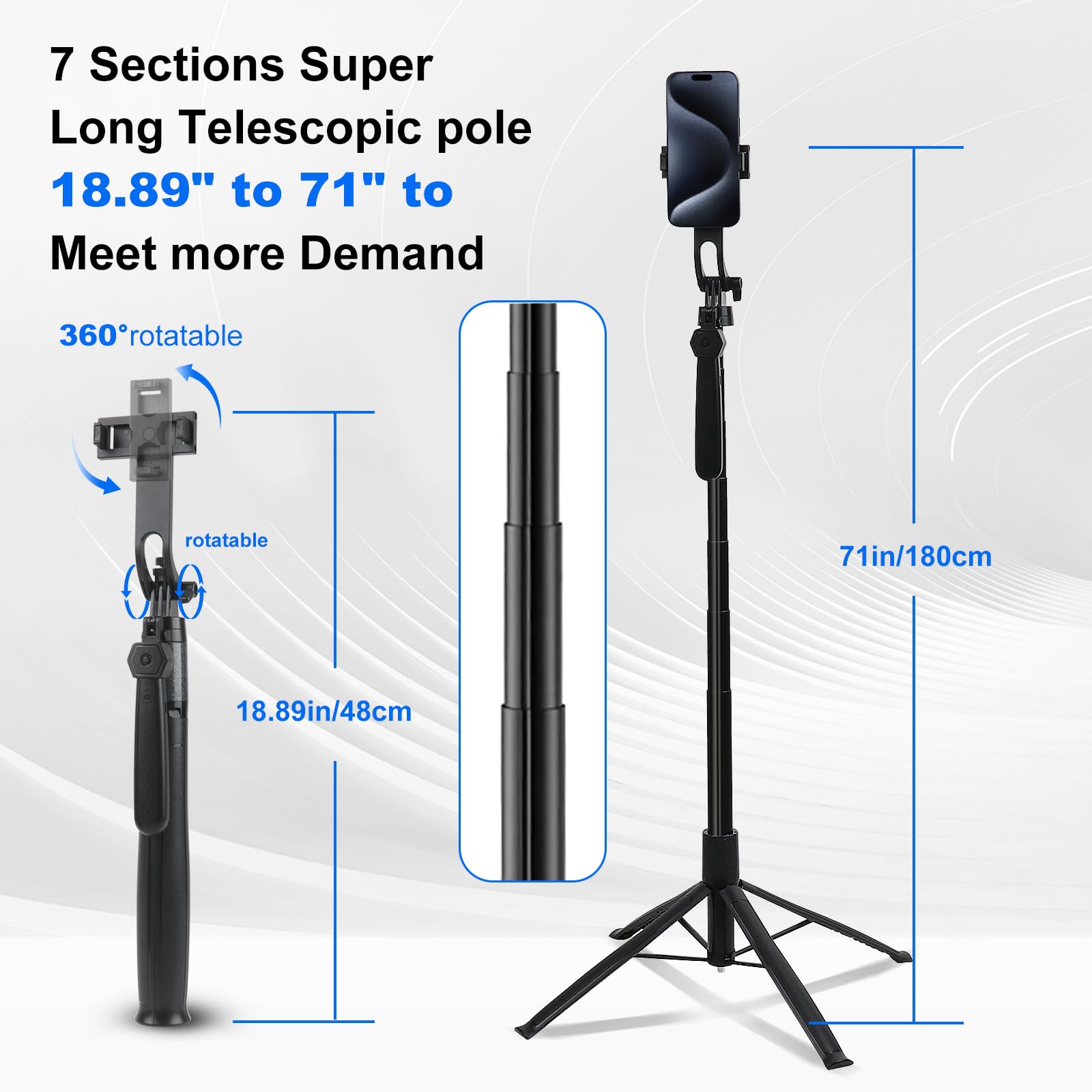 Ikaufen 71" Iphone Tripod With Ground Spike,5-Speed Adjustable Fill Light,Extendable Tripod For Phone Selfie Stick With Wireless Remote,Compatible With All Cell Phones/Camera/Gopro