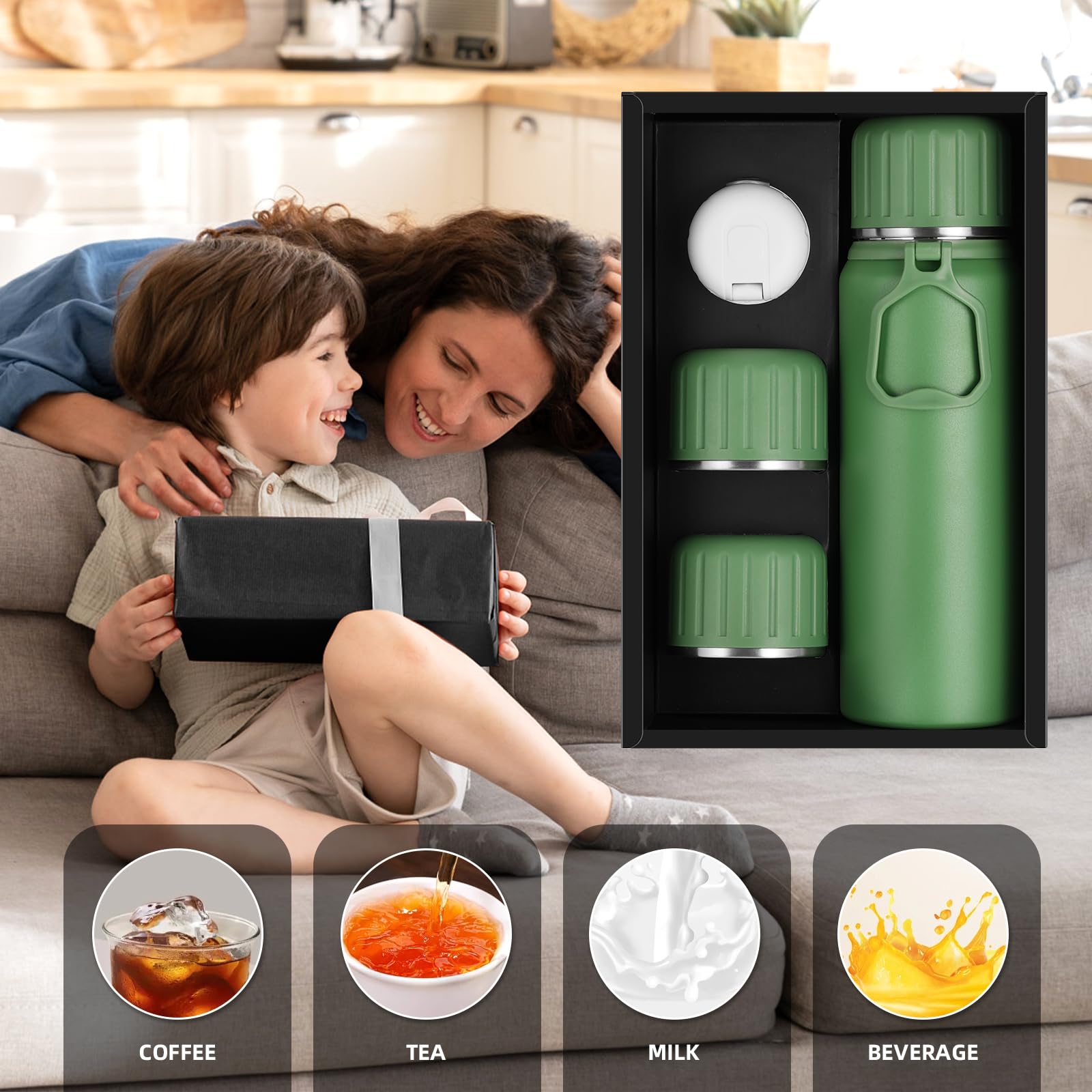 750Ml/27 Oz Coffee Thermo With 3 Cups, Insulated Water Bottle, Stainless Steel Vacuum Flask Set