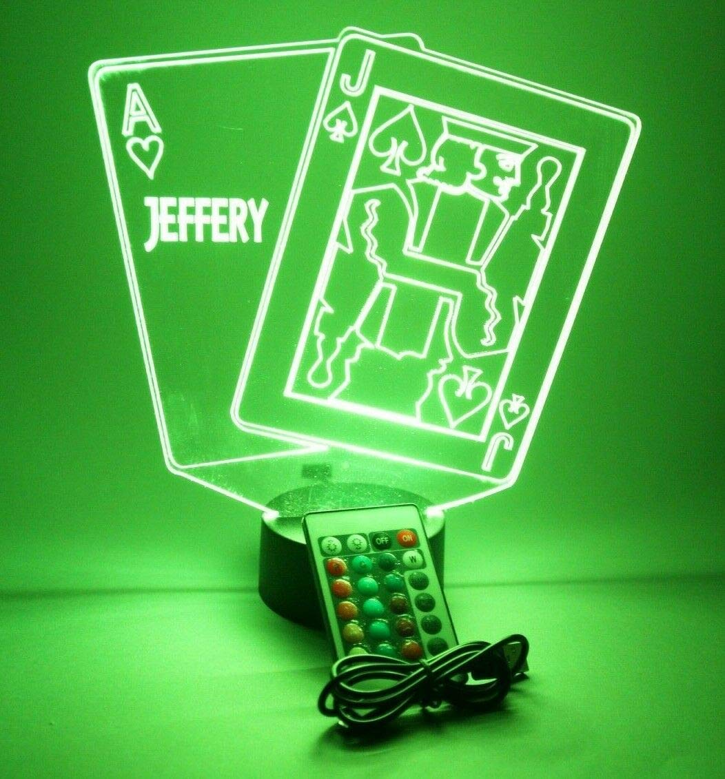 Mirror Mania Ace And Jack Blackjack Playing Cards Night Light Up Lamp Led Personalized Black Jack Twenty One Desk Table Lamp - It'S Wow, With Remote, 16 Colors, Engraved, Great