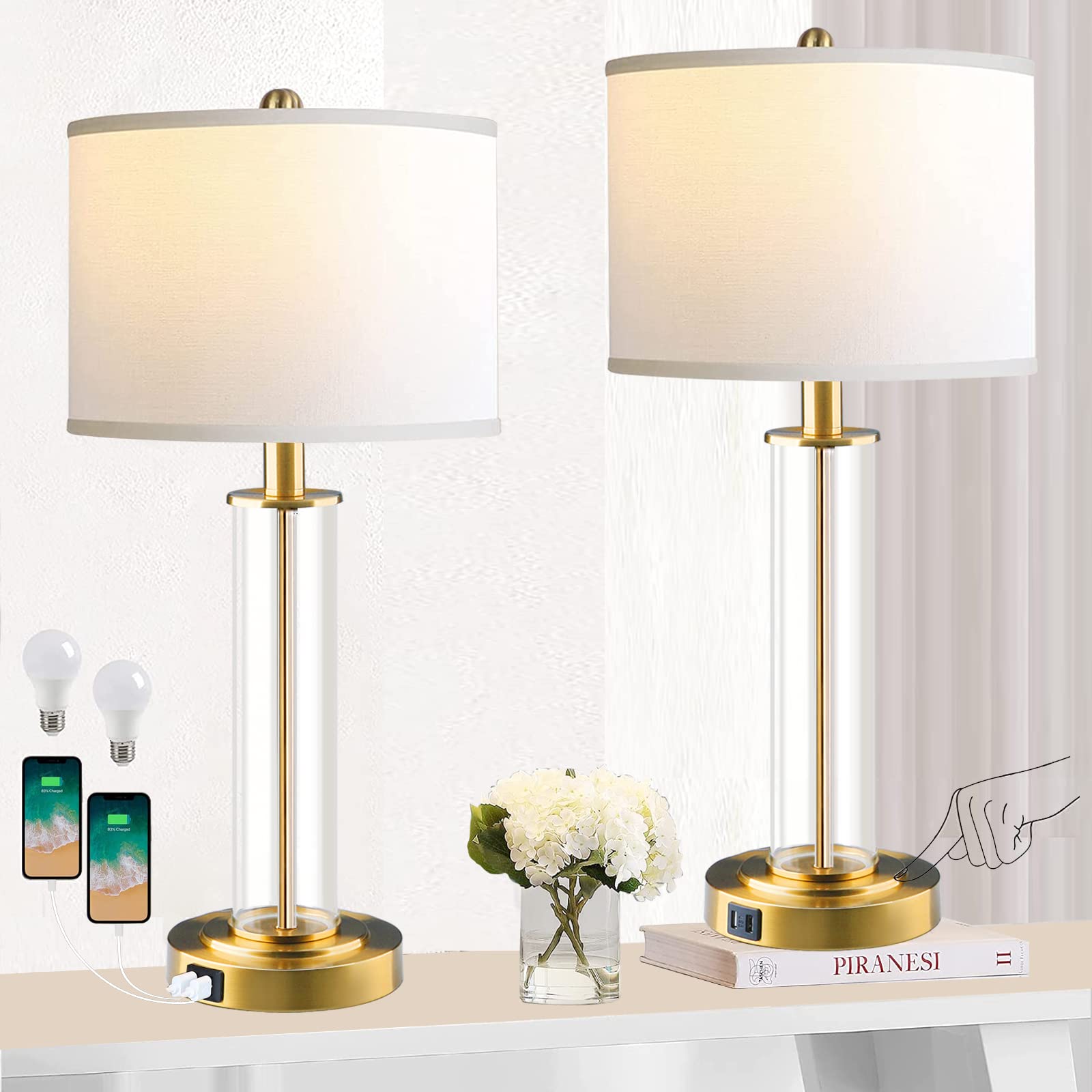 Bdrofn Table Lamps For Living Room,Touch Control Gold Lamps For Bedrooms Set Of 2,Modern Bedside Table Lamp With Dual Usb Ports,Tall Nightstand Lamp With Whites Lampshades (2 Bulbs Included)