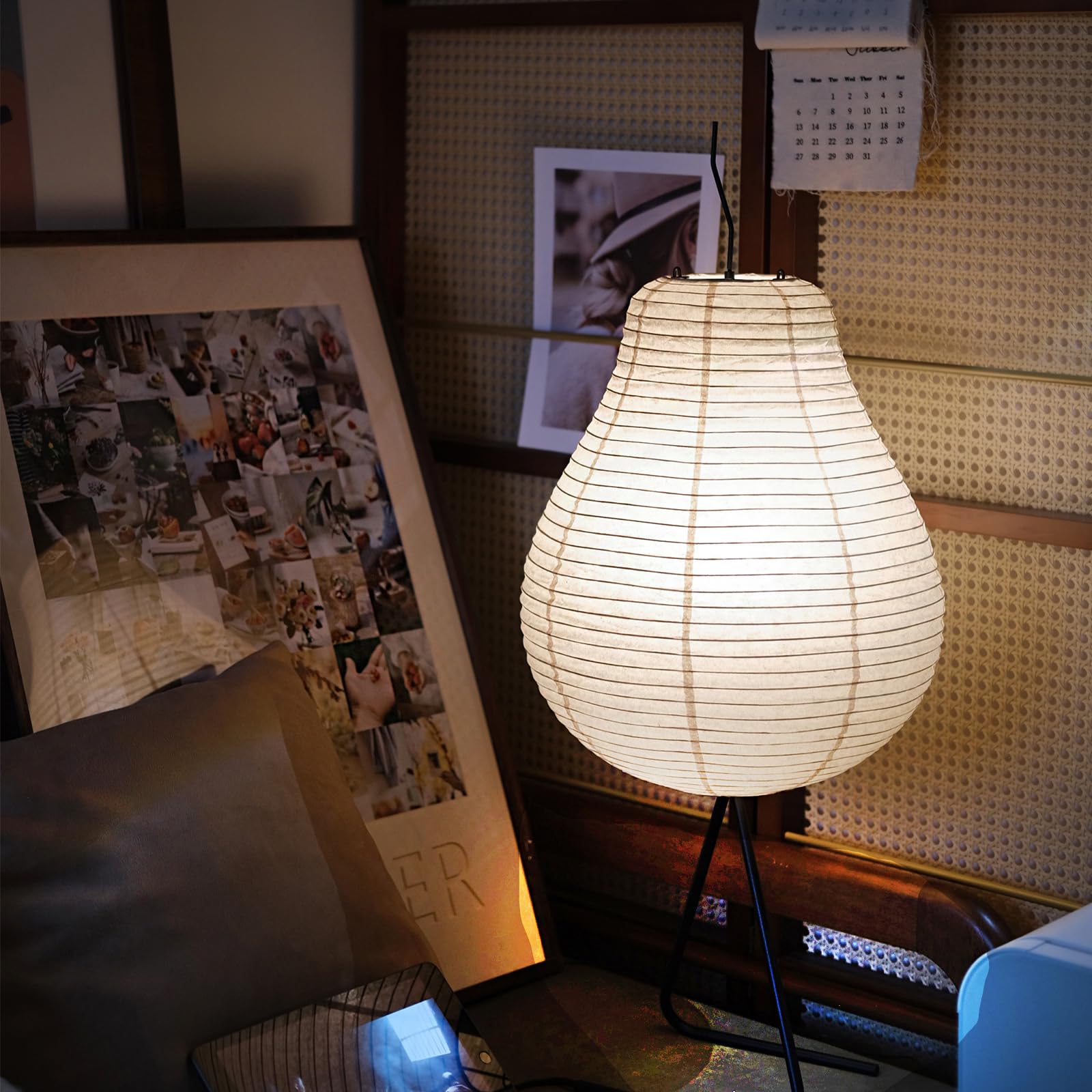 Fliopio Japanese Rice Paper Table Lamp - 3000K Bulb Included White Handmade Pear Noguchi Akari Lamps - Noggy Standing Paper Lantern With Wabi Sabi Shade For Bedroom Living Room 12.2"D X 12.2"W X 29.5"H