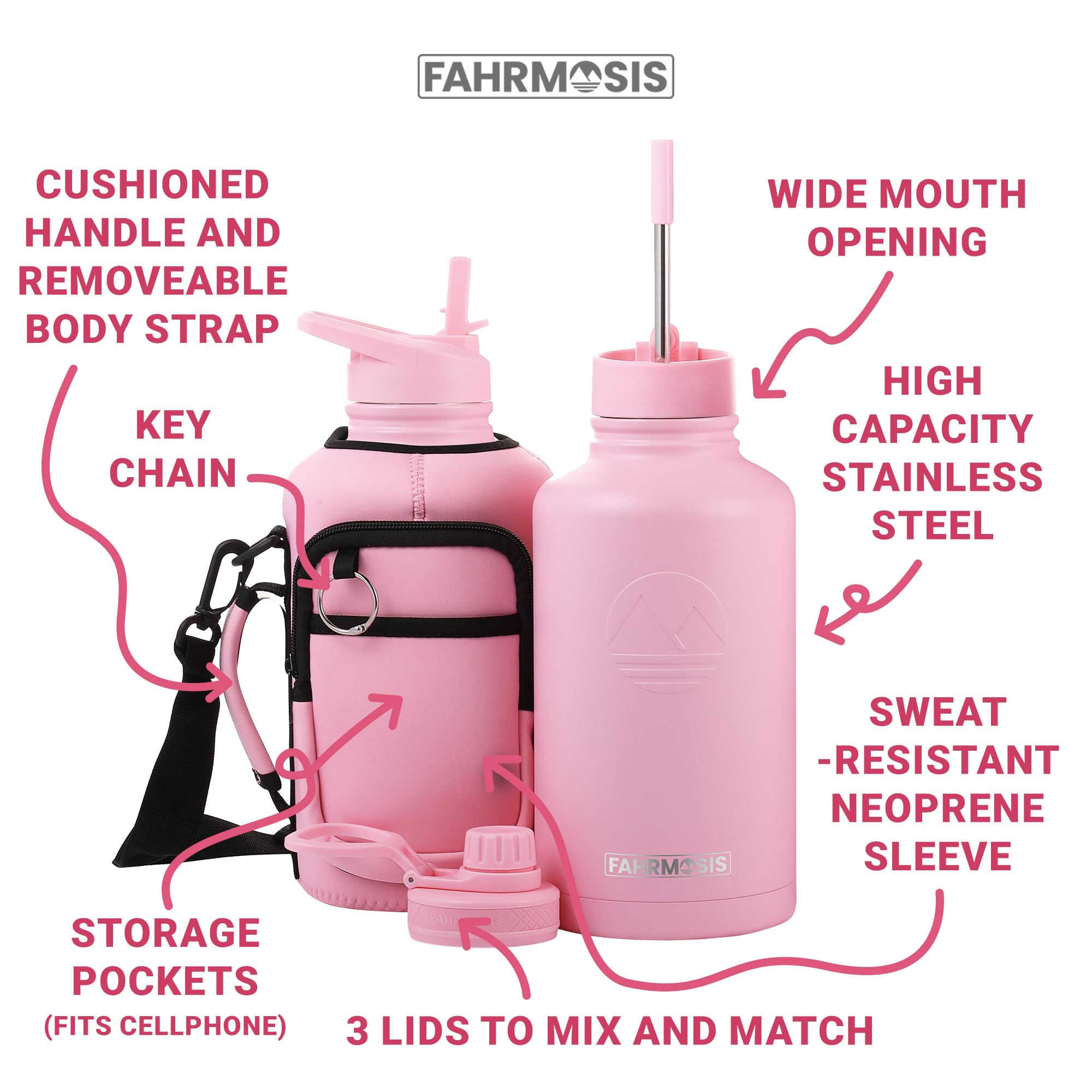 64 Oz Insulated Water Bottle With Strap Stainless Steel Sports Water Bottle With 3 Lids