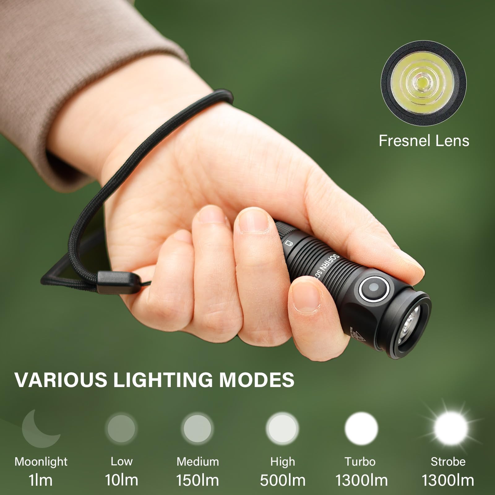 Sofirn Sc13 Small Rechargeable Flashlight Bright 1300 Lumens Black Bundle Green