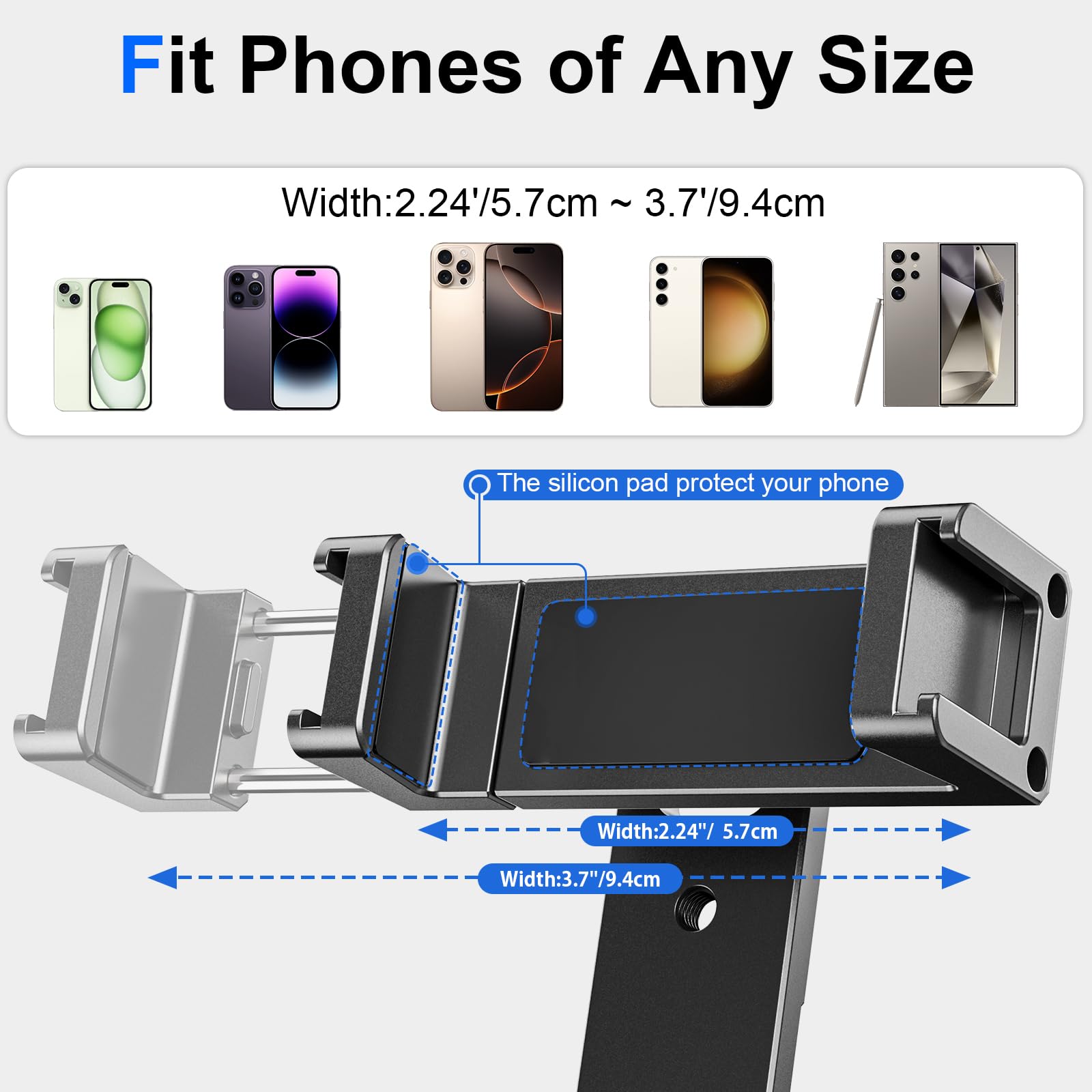 Mairan Metal Phone Tripod Mount Cell Phone Stand Holder With 3 Cold Shoes And 1/4" Screw Mounts Aluminum Smartphone Tripod Adapter With 360° Rotation 180° Tilt Angle For Desktop Tripod Video Live Streaming