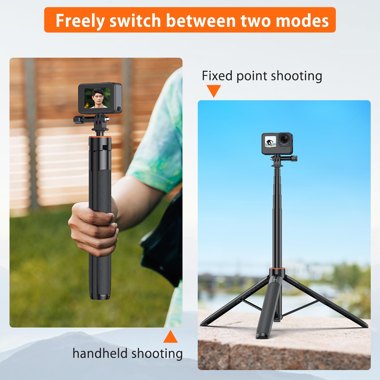 Uurig Vrig Extendable Selfie Stick Tripod For Gopro Max Hero 10 9 8 7 6 5 4, Dji Osmo Action, Insta 360 One R And More Action Camera（55.1''）