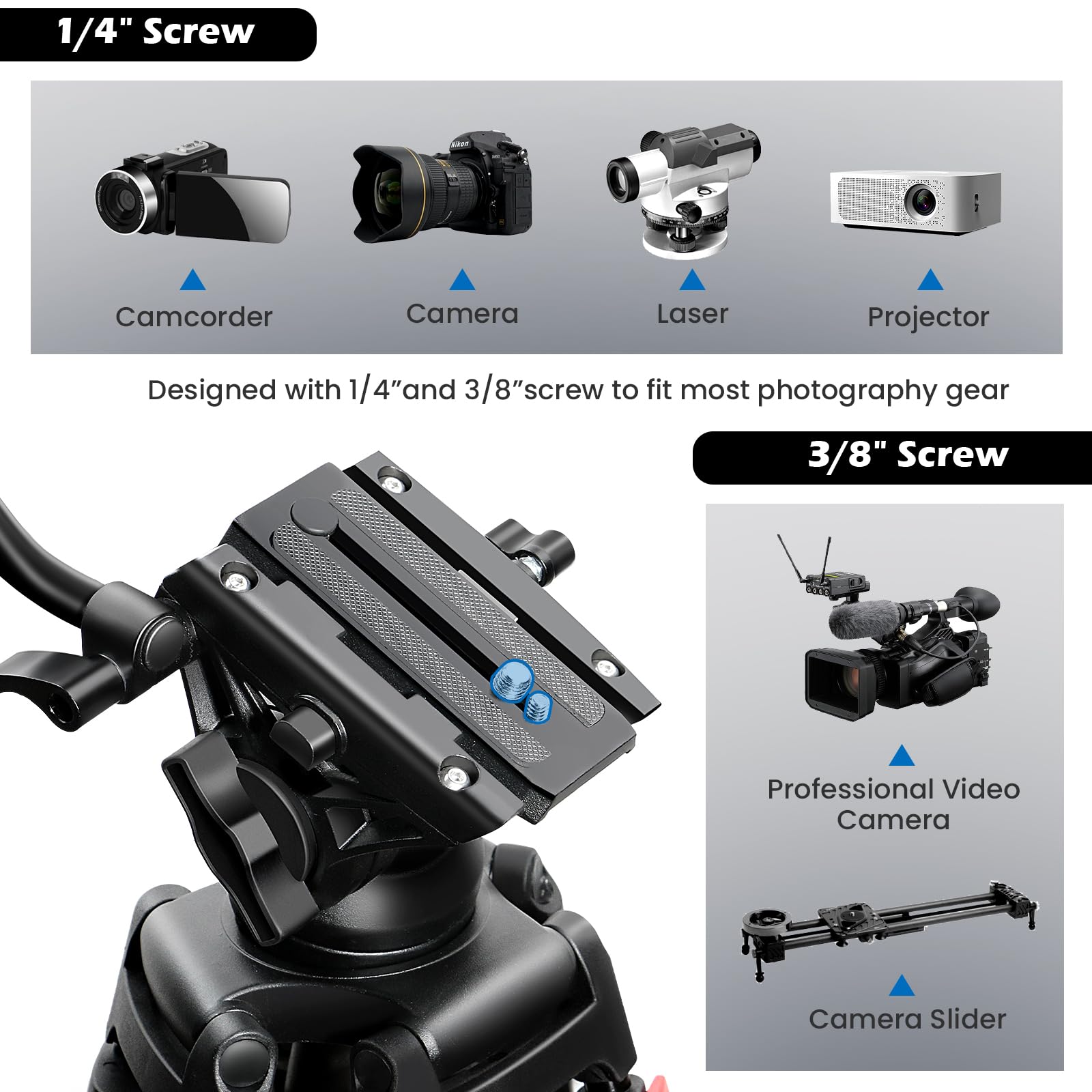 Mactrem 82" /210Cm Video Tripod Heavy Duty Tripod With 360° Fluid Head,Aluminum Tall Tripods Professional Compatible With Canon Nikon Sony Dslr Camera Camcorder Telescope Bnoculars (Load 33Lb)