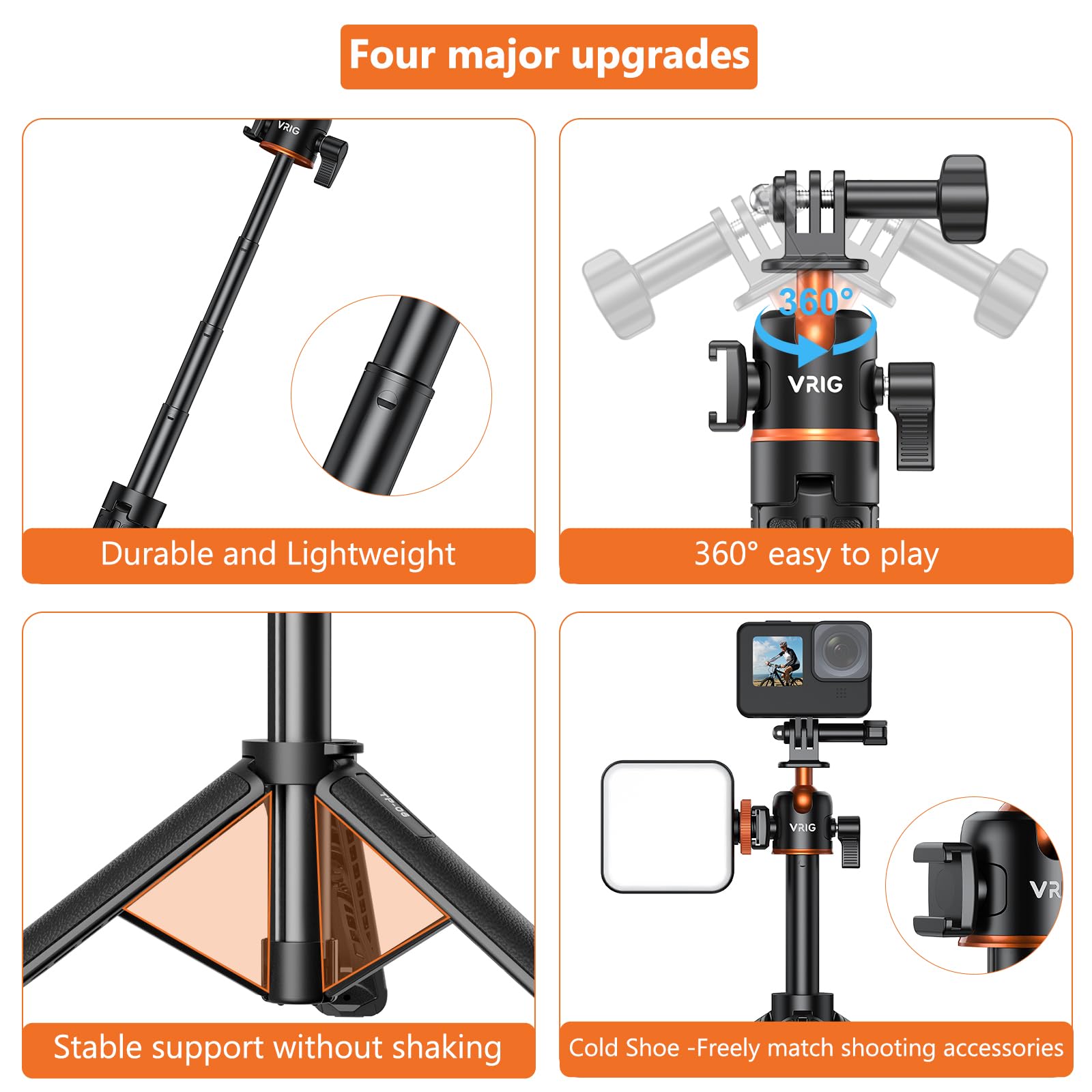 Vrig Select Vrig 21" Extendable Selfie Stick Tripod For Gopro With 360° Ballhead, Portable Vlog Selife Stick Tripod Stand For Dji Osmo Action 5Pro/4/3,Gopro Max Hero 13 12 11 10 9 8 7 6 5/Insta 360 Ace Pro