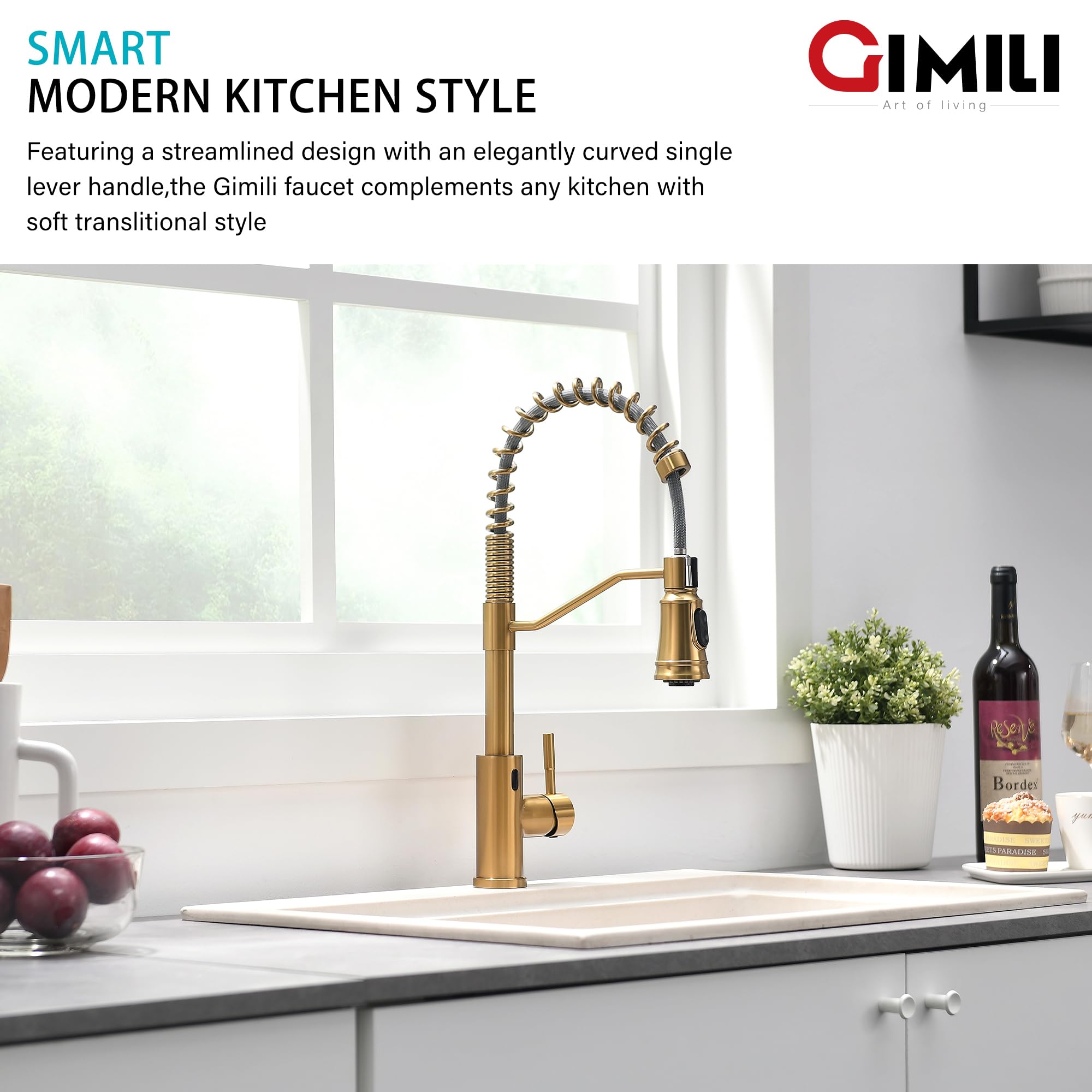 Gimili Gold Touchless Kitchen Faucet With Pull Down Sprayer, Brushed Brass Motion Sensor Smart Hands- Activated Single Hole Spring Faucet For Kitchen Sink