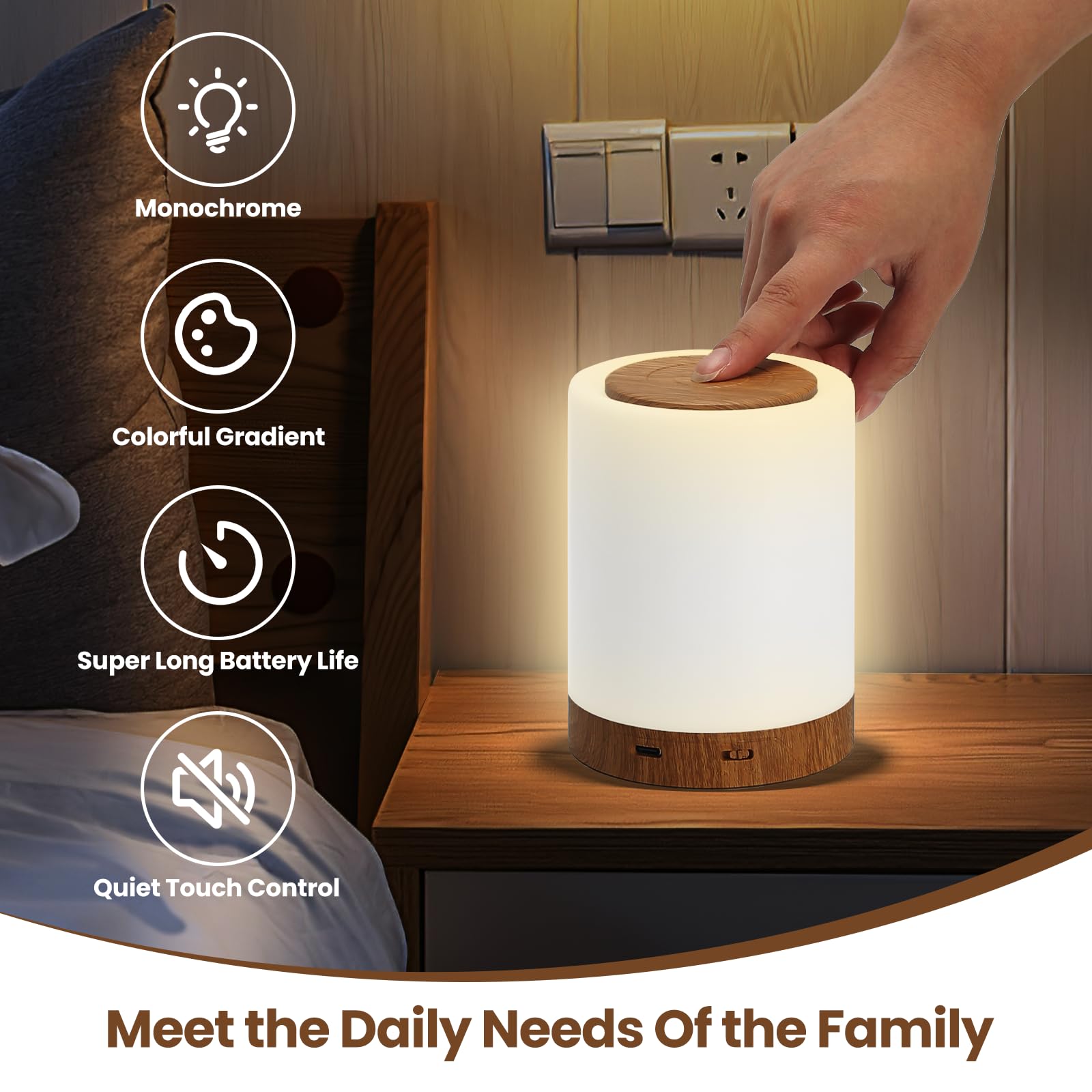 Funteam Night Light - Rechargeable Bedside Touch Lamp With Warm & Color Changing Rgb Light, Touch Color-Changing Ring, Portable For Bedrooms