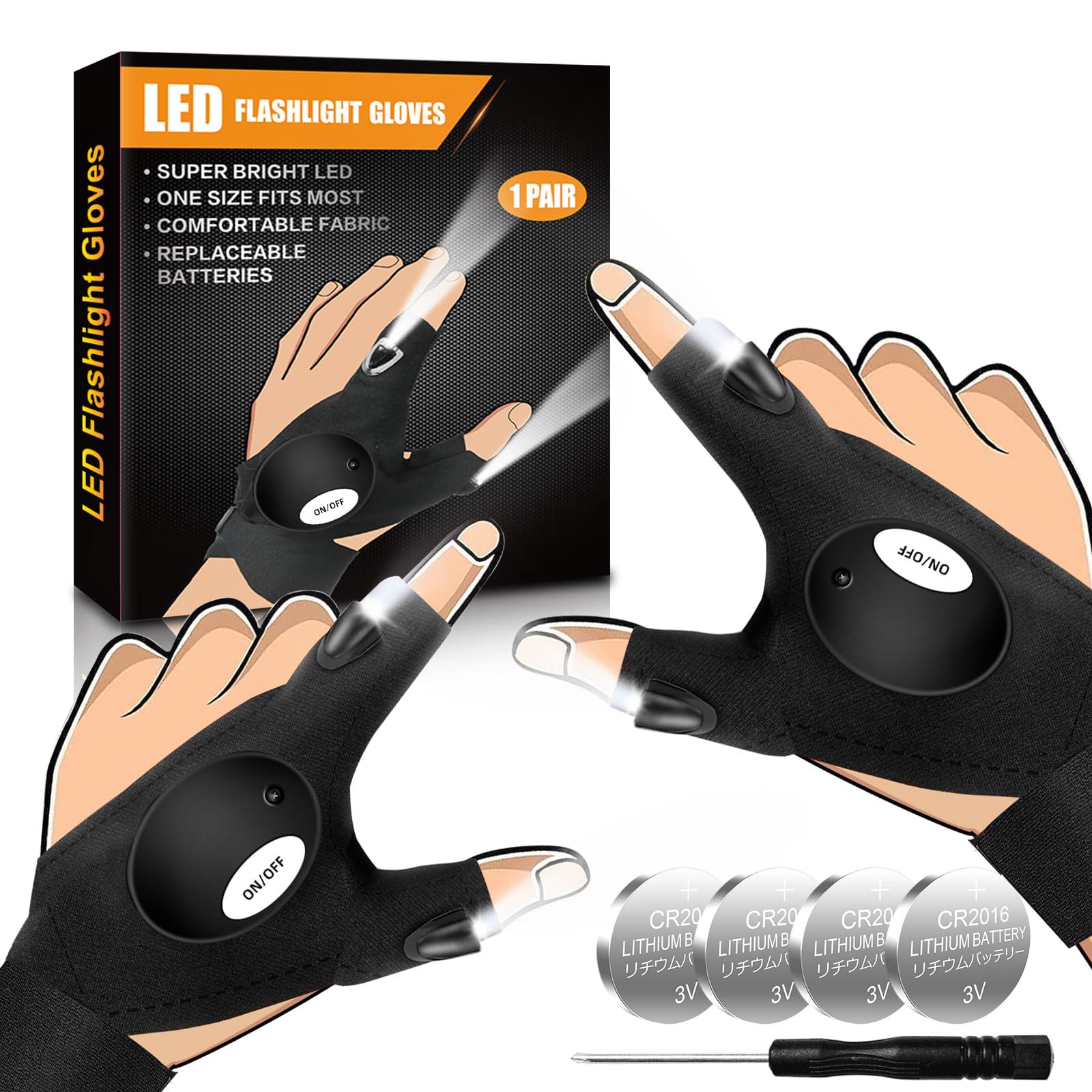 Biuonk Led Flashlight Gloves,  For Him Men Boyfriend Husband, Finger Lights Cool Gadgets For Repairing Fishing Camping