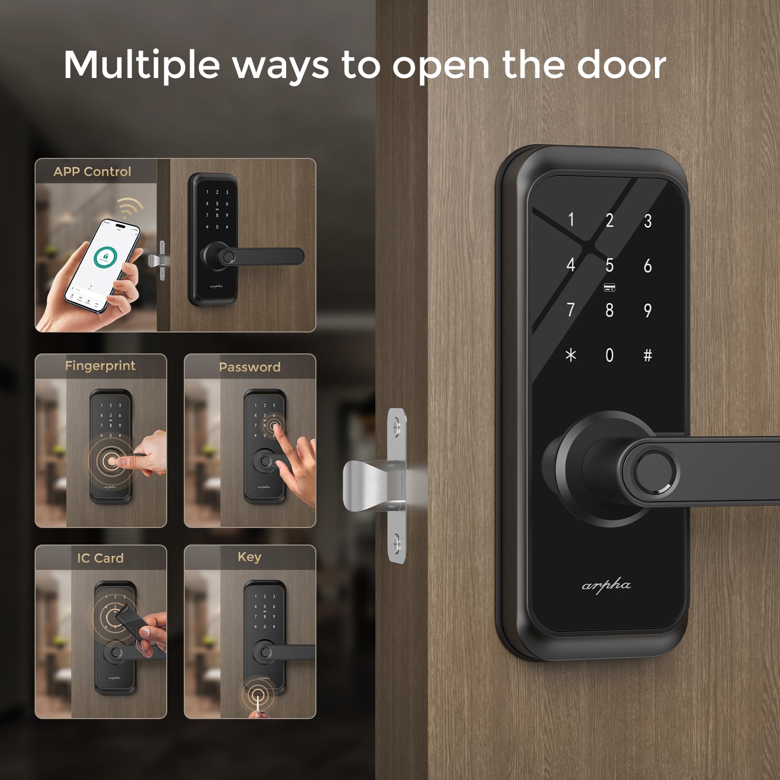 Arpha Smart Door Lock With Handle - 5-In-1 Fingerprint Keyless Entry, App Control, Keypad Deadbolt, Fob & Auto-Lock, Anti-Peep, Waterproof Ip65 For Front Door Security (Black)