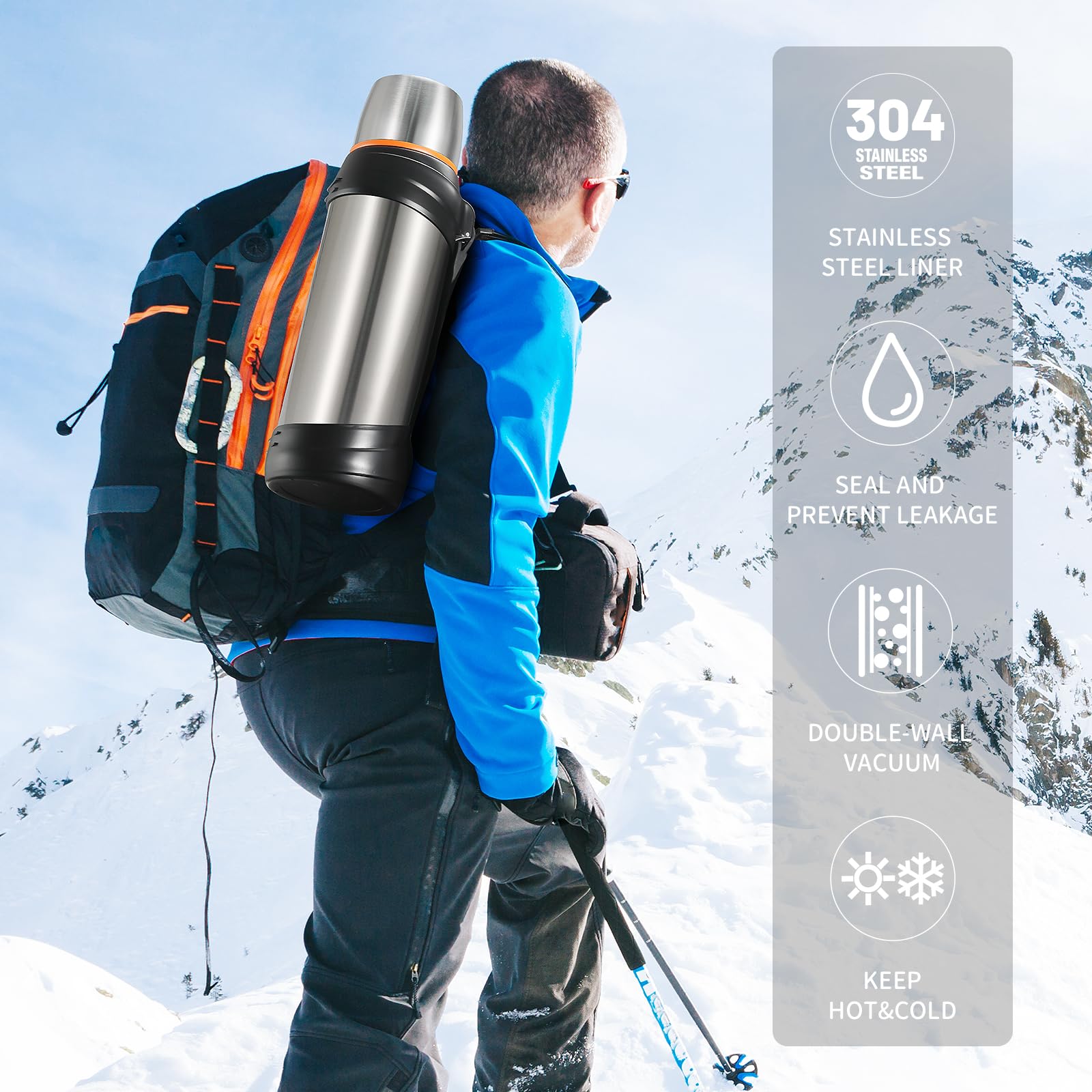 Large Thermosflask- 85Oz Stainless Steel Insulated Bottle For Travel With Cup - 2.5L