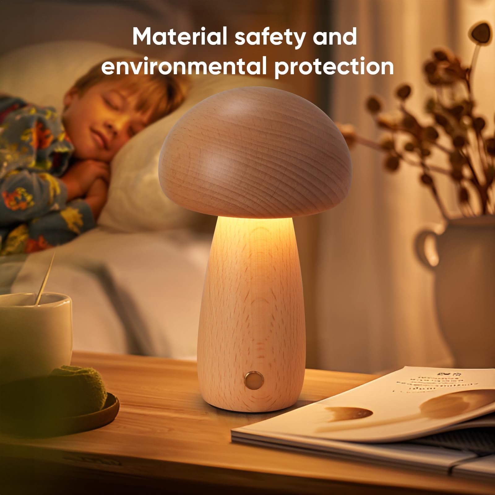 Lonrisway 2 Pack Wooden Mushroom Lamp, Portable Cordless Touch Switch Small Rechargeable Battery Operated Lamp,Stepless Dimming,