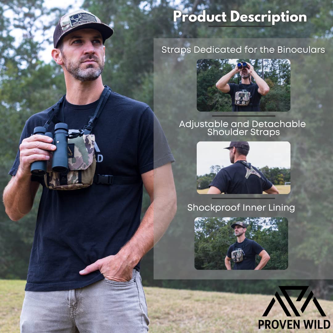 Proven Wild Bino Harness Binocular Harness Chest Pack Made Of Waterproof 900D Nylon  Binocular Harness For Hunting Case With Adjustable Shoulder Straps, 2 Mesh Pockets, And Zipper Back Pocket