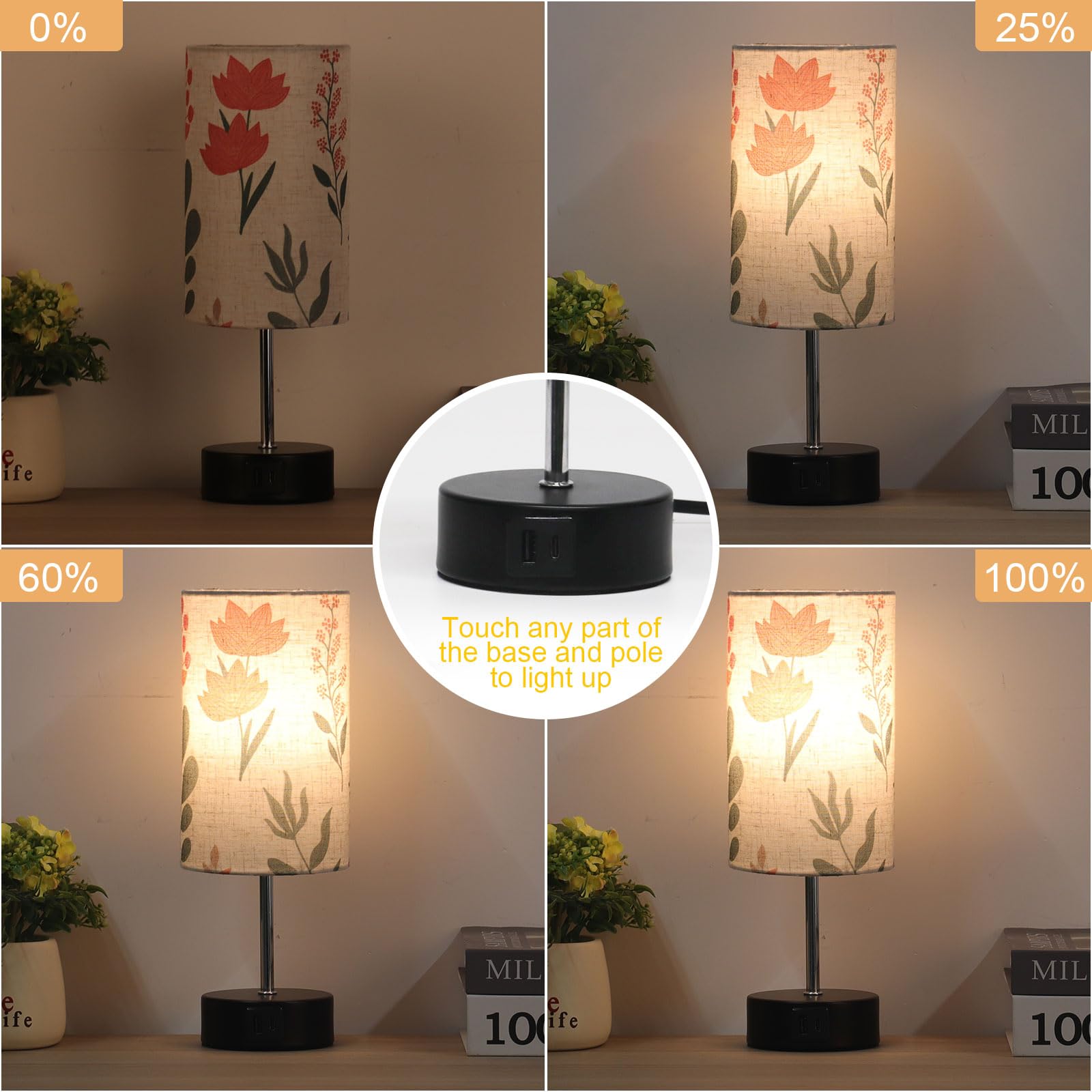 Lanmonlily Touch Control Desk Lamp With 2 Usb Ports, 3-Way Dimmable Bedside Lamp For Bedroom, Nightstand Lamp With Round Flower Fabric Shade For Living Room, Home Office