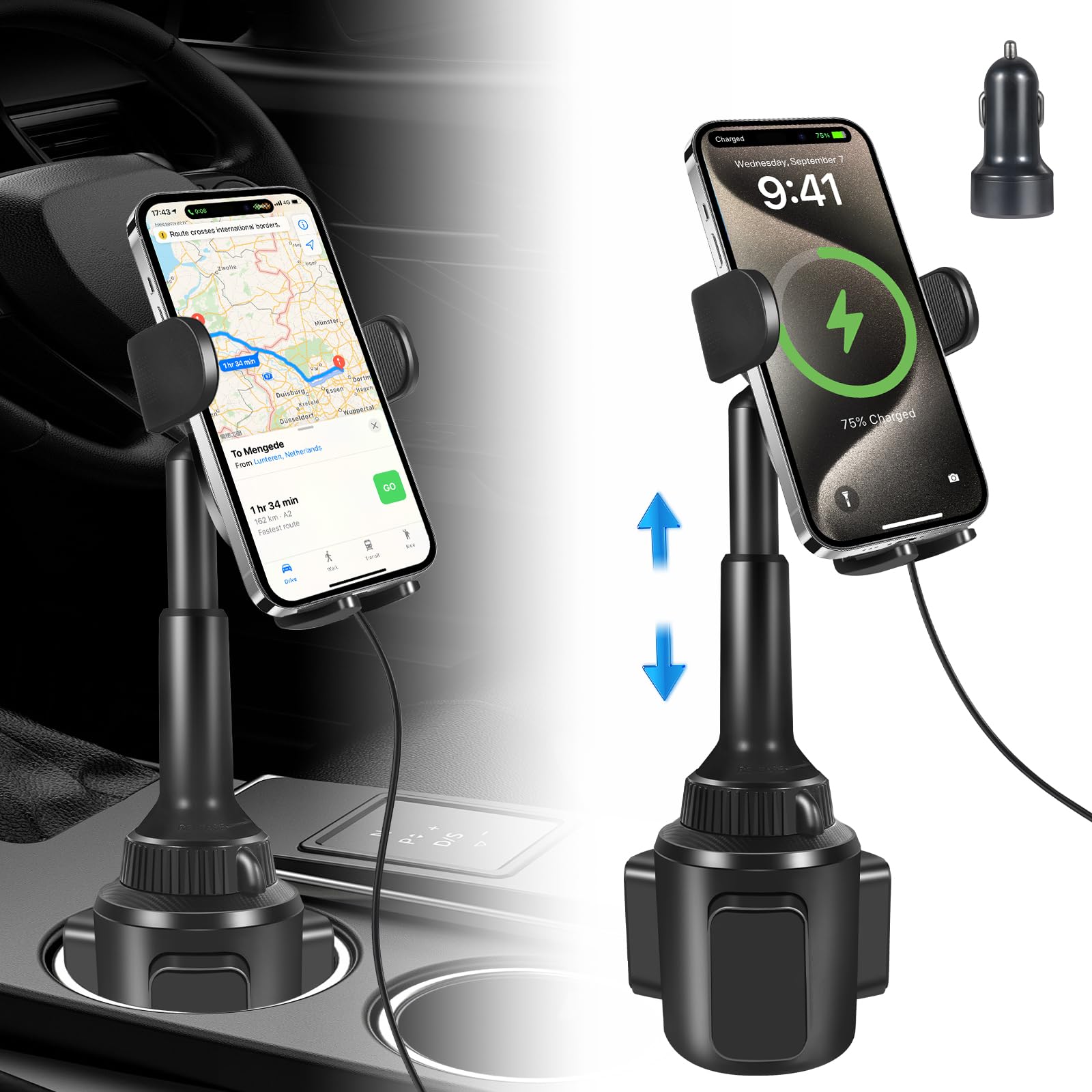 Degum  Wireless Car Charger, Cup Holder Phone Mount With 15W Fast Charging Phone Holder Adjustable Long Arm Height, Compatible With Iphone 16 15 14 13 Samsung Lg And More (With Car Adapter)