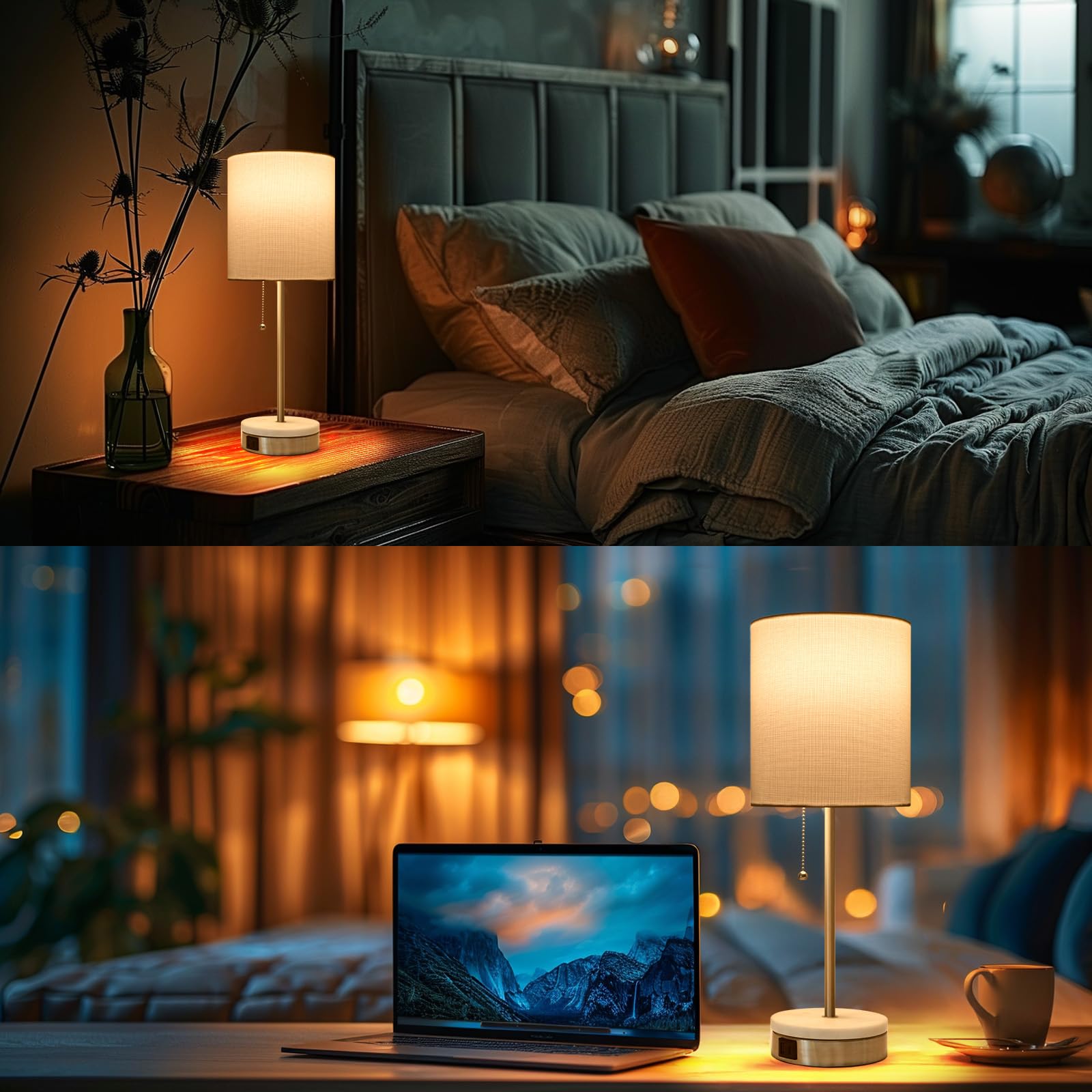 Velxee Marble Table Lamp, Bedside Lamps With Pull Chain For Bedroom, Lamp For Night Stands With Usb Ports And Square Shade For Living Room Home Decor, Bulb Included