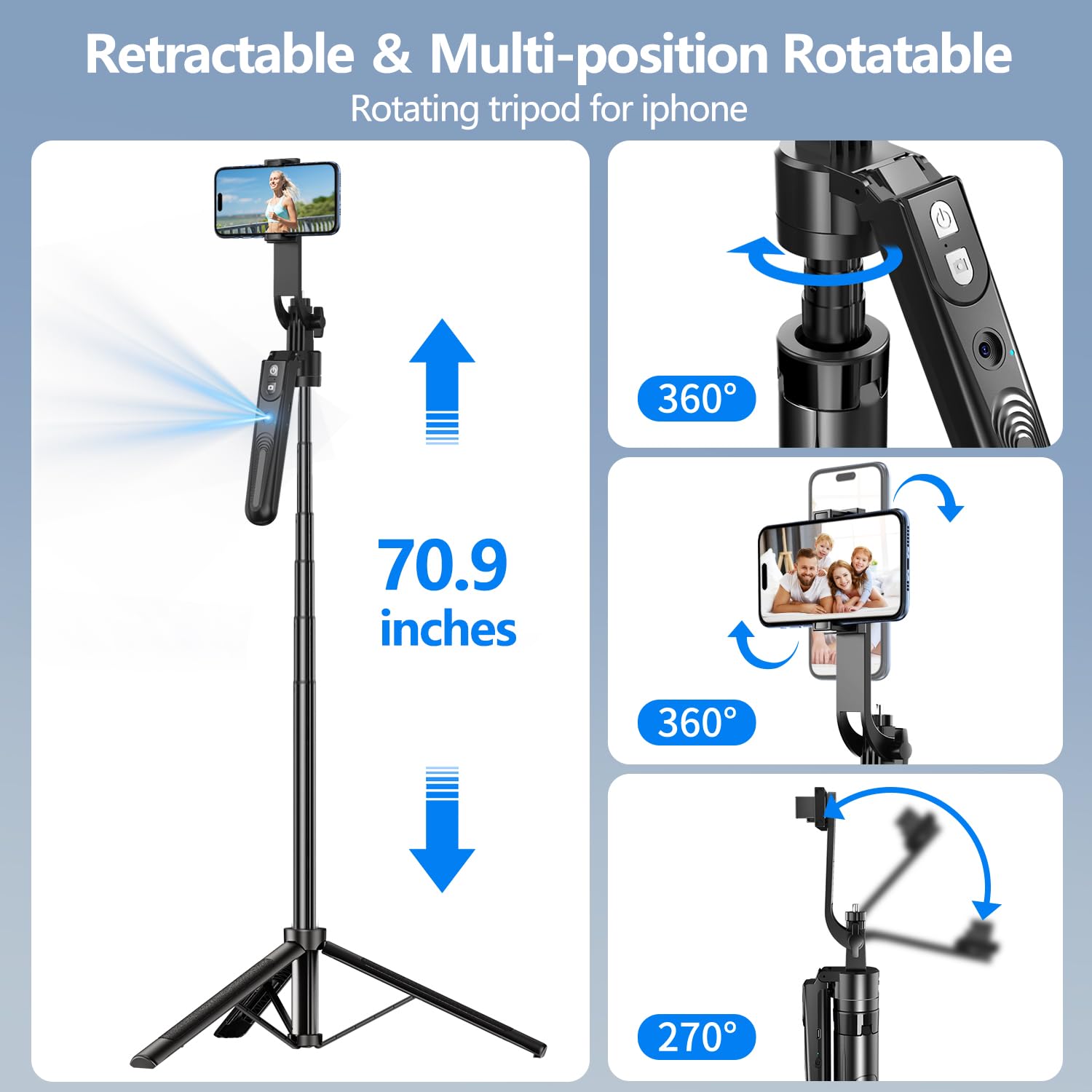 Stjiatu Auto Face Tracking Tripod With 360 Rotation Stand, 70.9" Ai Motion Tracking, Selfie Stick Rotation With Remote, Motion Sensor Phone Stand, For Vlog/Live Stream/Video Recording