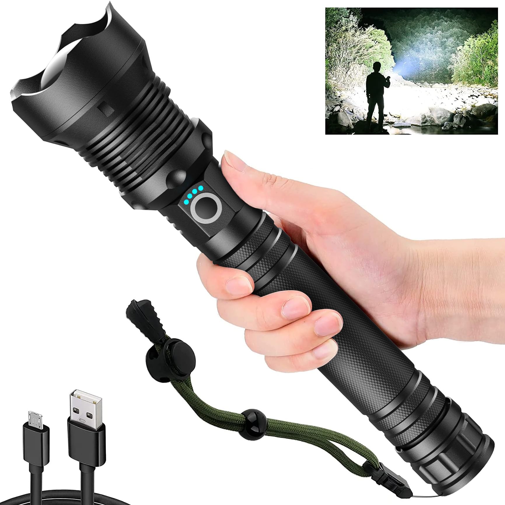 Kwznob Rechargeable Led Flashlights, 100000 High Lumens Super Bright Flashlights With 3 Modes Waterproof Zoomable Flash Light For Outdoor Emergency
