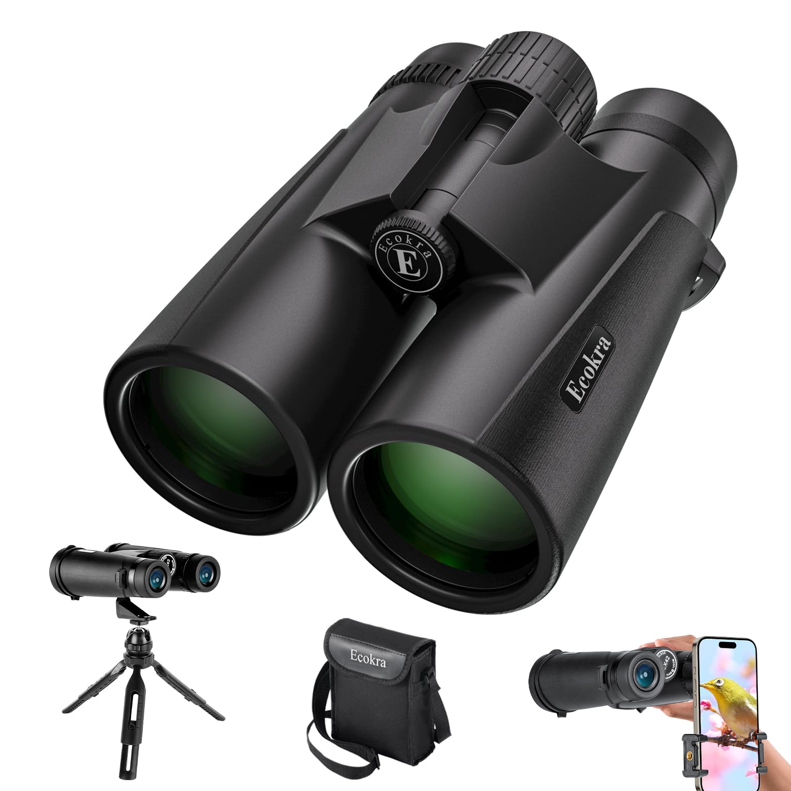 Ecokra 12X42 Hd Binoculars - Adults' High Power Binoculars With Tripod Phone Adapter, Waterproof Compact, Ideal For Bird Watching, Hunting, Stargazing - Clear Low Light Night Vision, Bak4, Fmc Prisms
