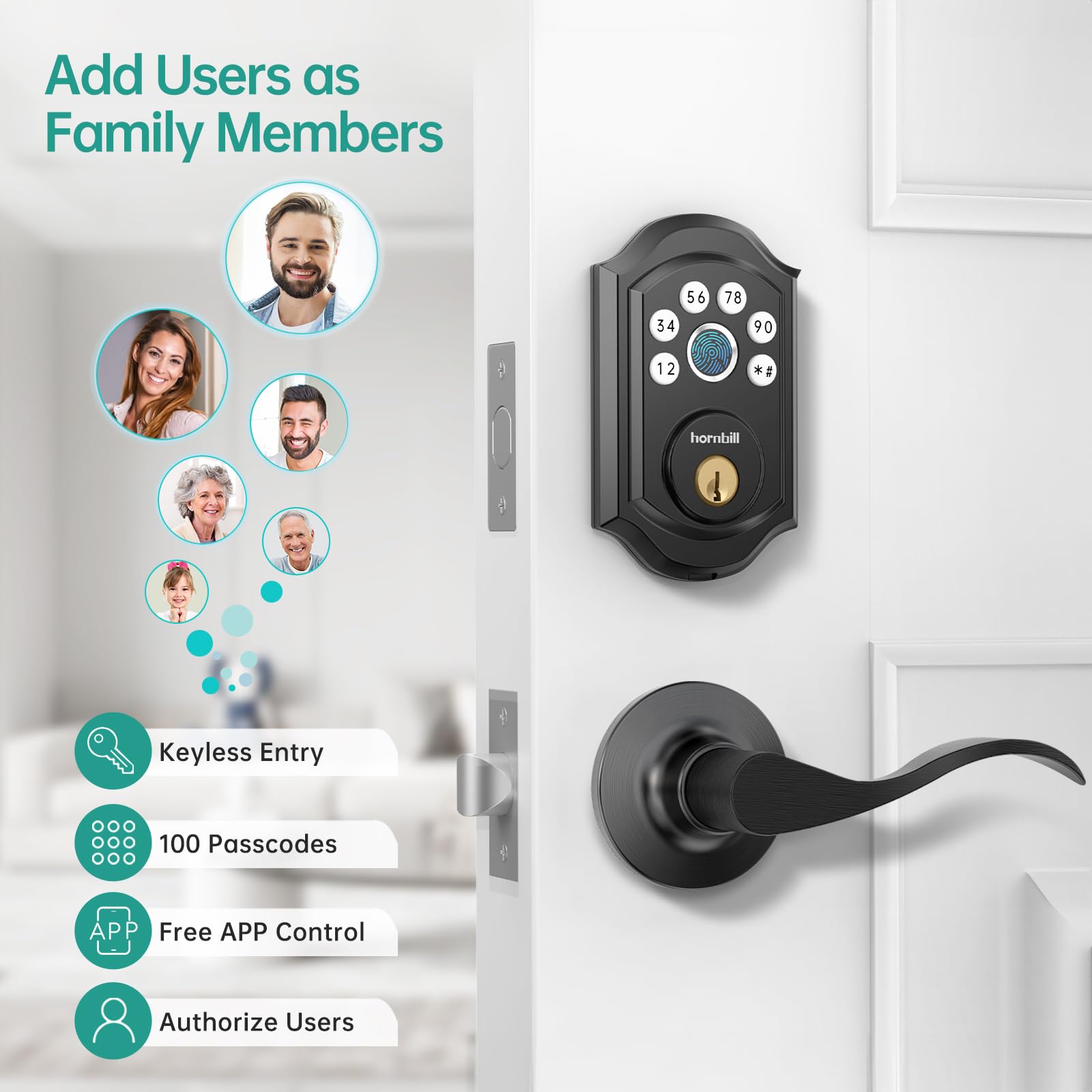 Hornbill Smart Front Door Lock With Fingerprint: Keyless Entry Door Lock With Handle Set Electronic Digital Deadbolt Keypad Lock Code App Alexa Auto For House Apartment Black
