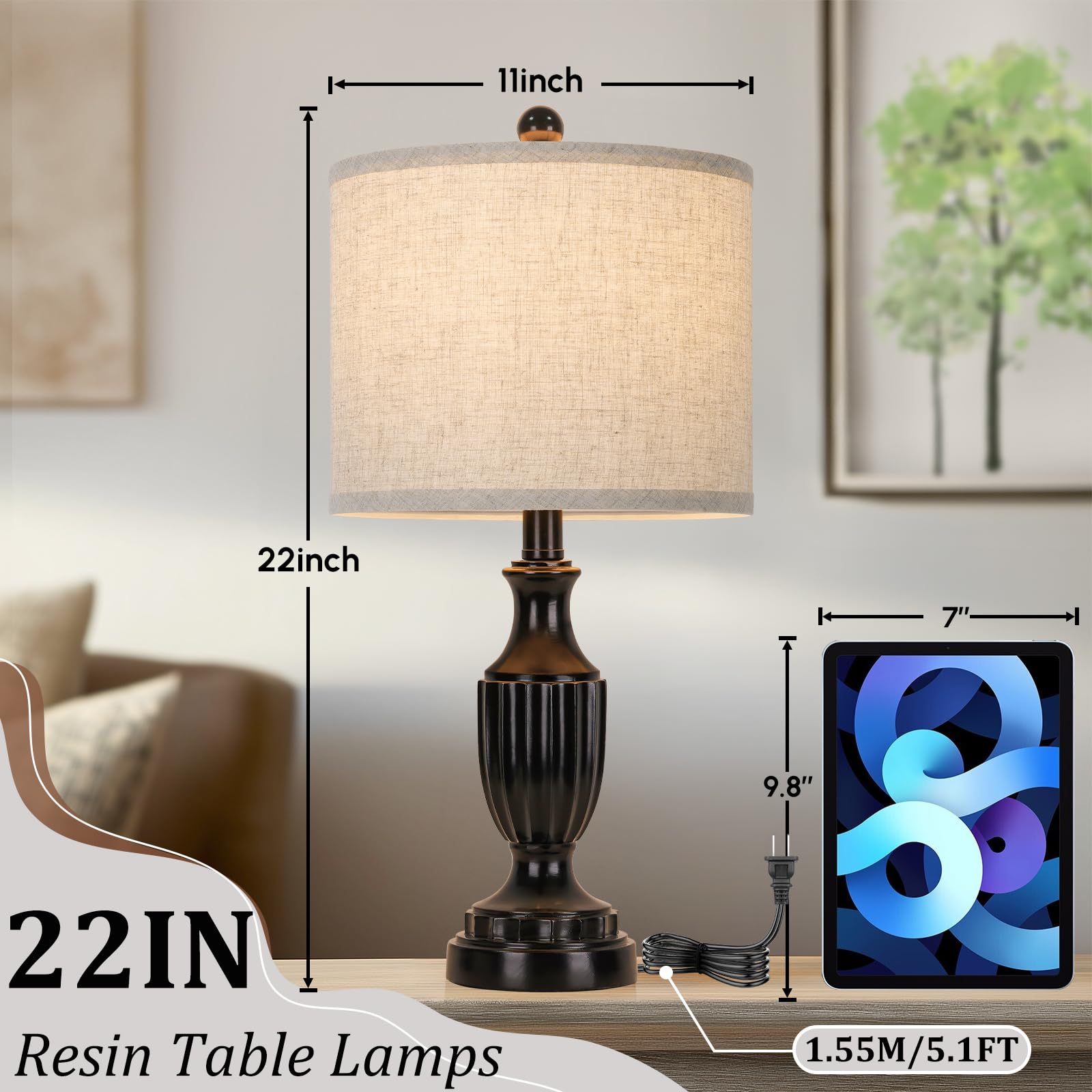 Tobusa Farmhouse Living Room Table Lamps Set Of 2, Matte Black Rustic Vintage Table Lamps For Bedroom Nightstand, Antique Bedside Desk Lamps With Linen Shade, 22’’ Small Resin Lamp Sets For End Table