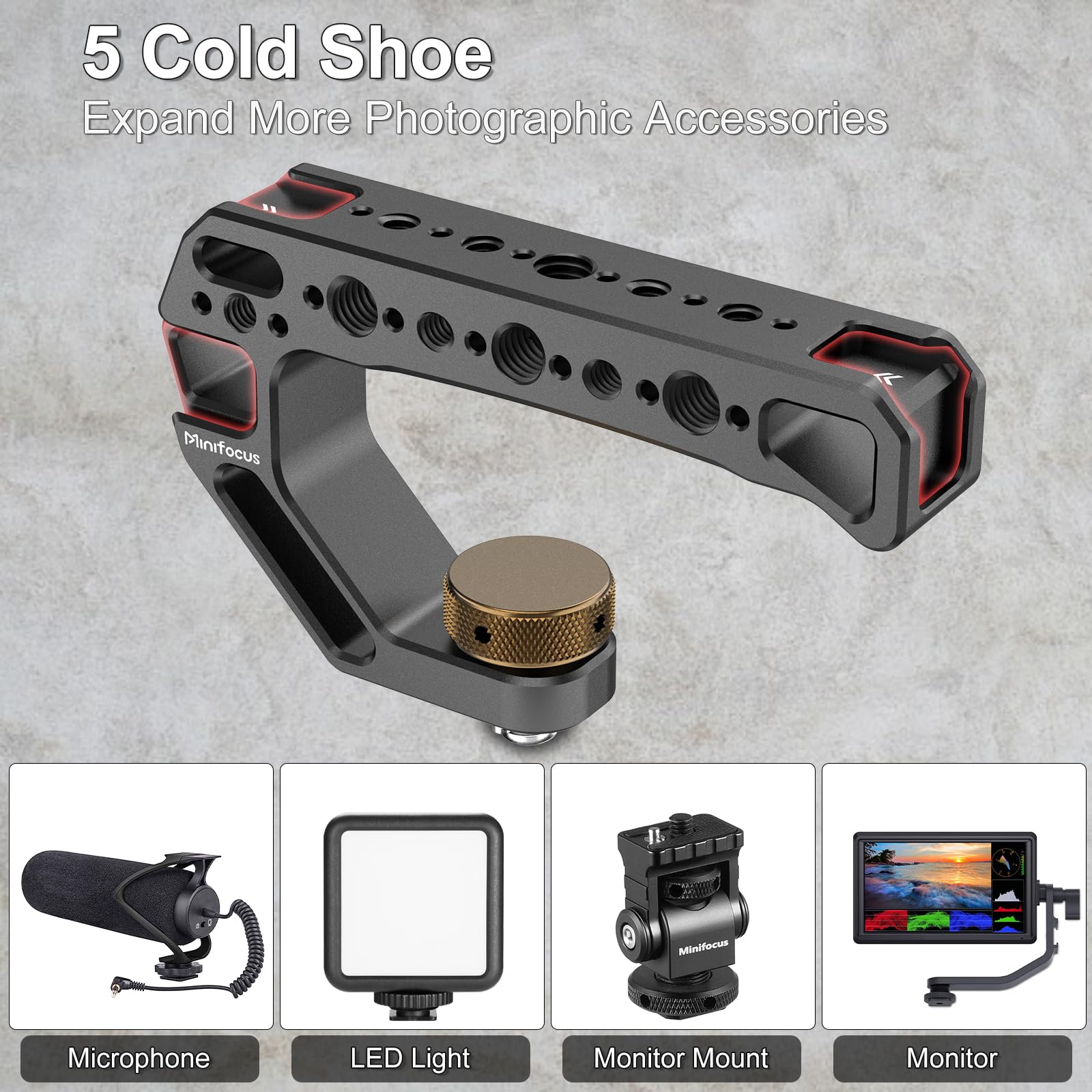 Minifocus Camera Top Handle With 3/8"-16 Locating Pins For Arri Grip For Camera Cage, Universal Top Handgrip With 5 Cold Shoe Adapters, Ergonomic Design, 1/4" And 3/8" Threads With Microphone/Led Light/Monitor