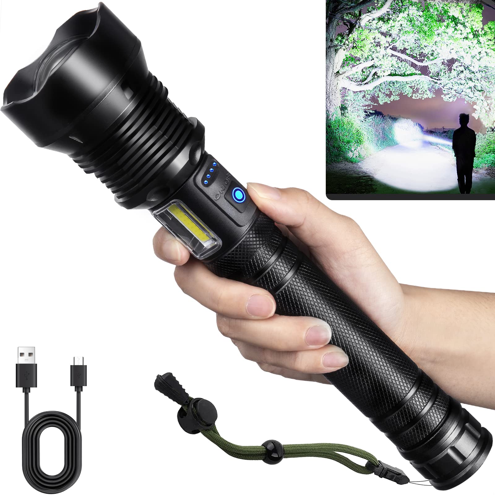 Nj Forever Flashlights High Lumens Rechargeable, Super Bright 990000 Lumens Flashlights With Usb Cable, Brightest Led Flashlight For Emergencies, High Powered Flash Light Ipx6 Waterproof 7 Light Modes Zoomable