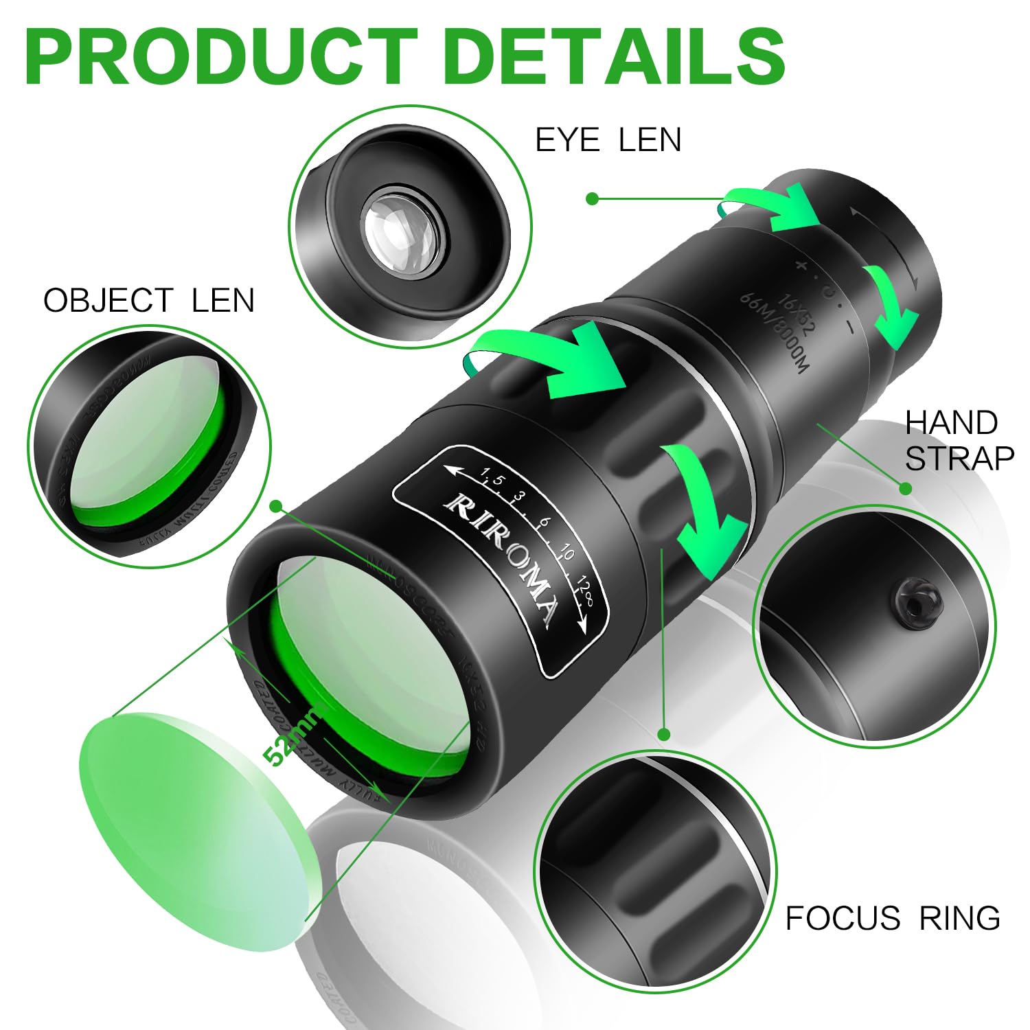 Riroma 16X52 Hd Monocular Telescope,High Power Compact Monoculars For Adults Kids, Hd Monocular Scope For Bird Watching Hiking Concert Travelling