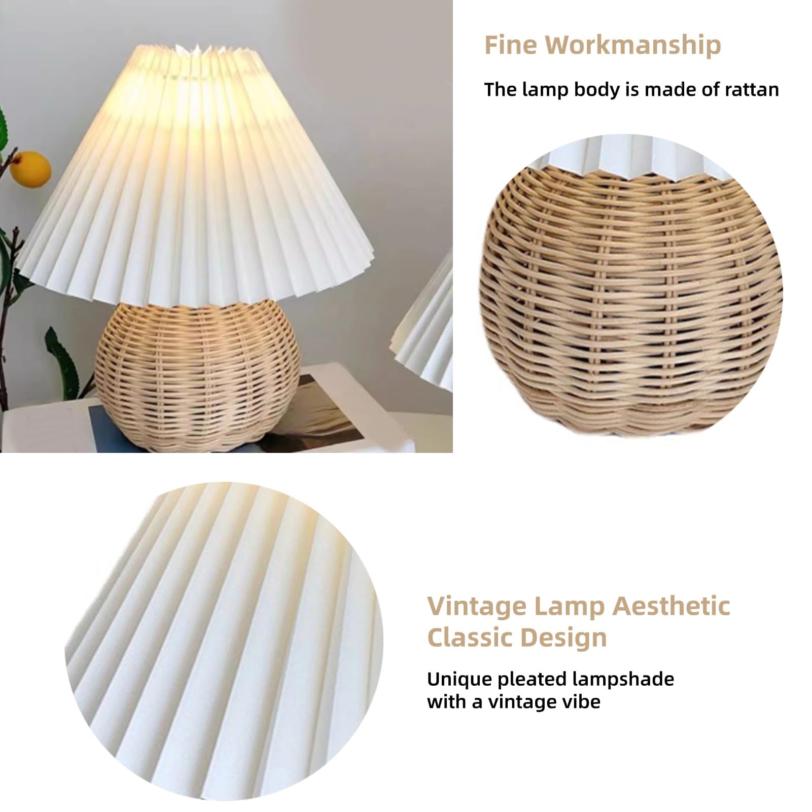 Eimsoah Rattan Wicker Pleated Table Lamp,Modern Bedside Nightstand Lamp,Small Table Lamp For Bedroom Living Room,Side Table Rattan Pleated Aesthetic Vintage Lamp, Bulb Not Included